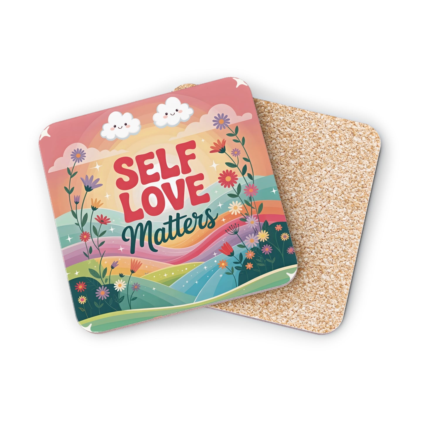 Coasters with a colorful landscape and "Self Love Matters" text.