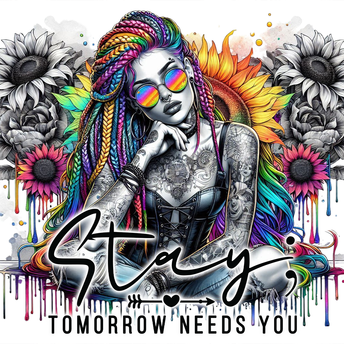 Woman with rainbow braids and tattoos, sunflowers, and "Stay Tomorrow Needs You" text.