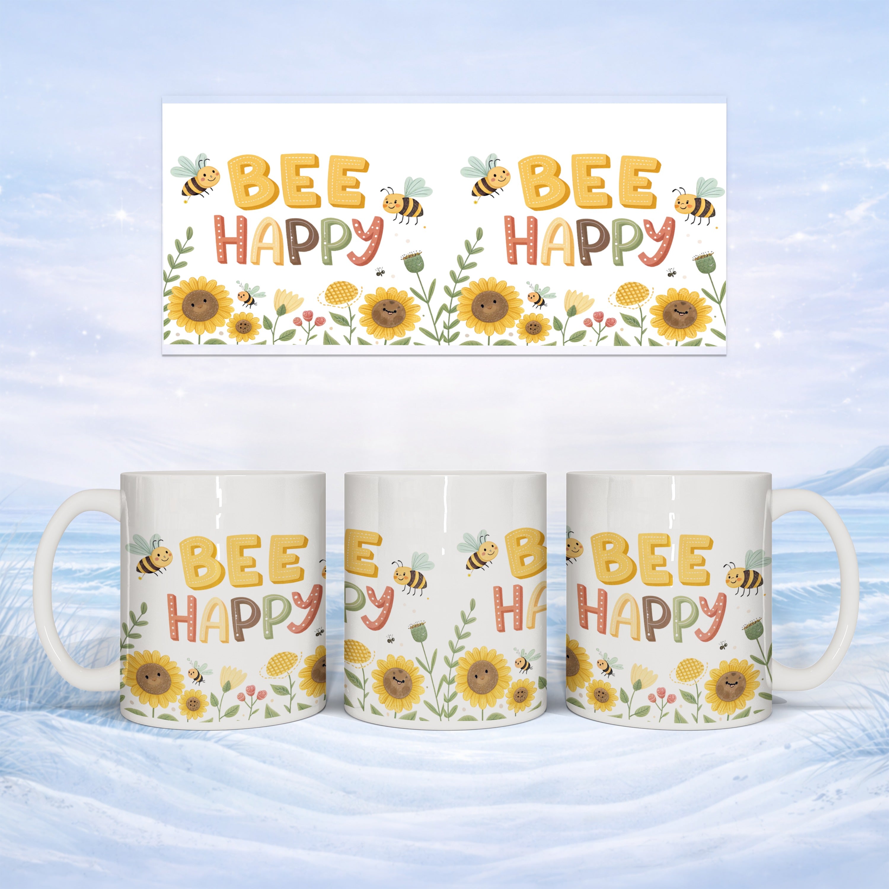 Three mugs with "BEE HAPPY" text, sunflowers, and bees on a snowy background.