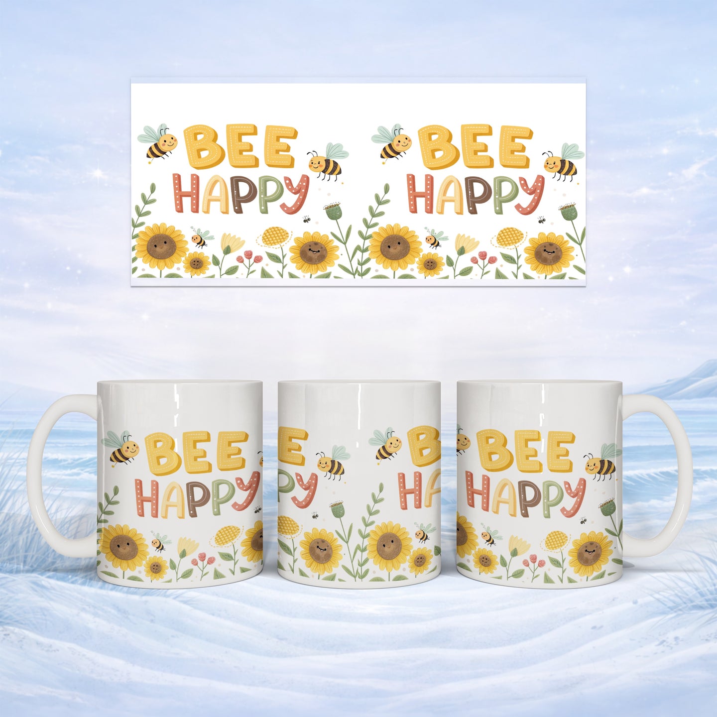 Three mugs with "BEE HAPPY" text, sunflowers, and bees on a snowy background.