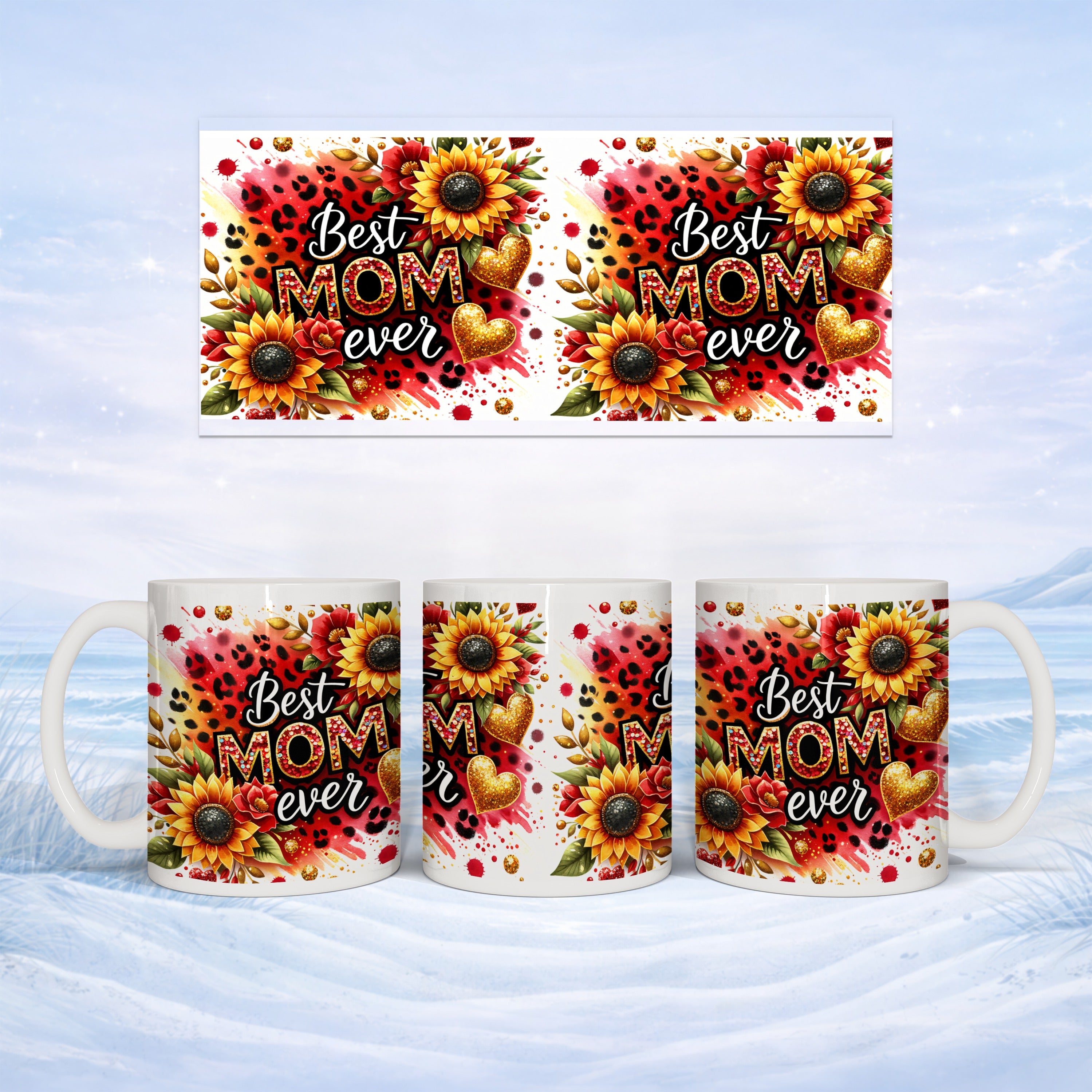Mug with "Best Mom Ever" and sunflowers, leopard print, and hearts.