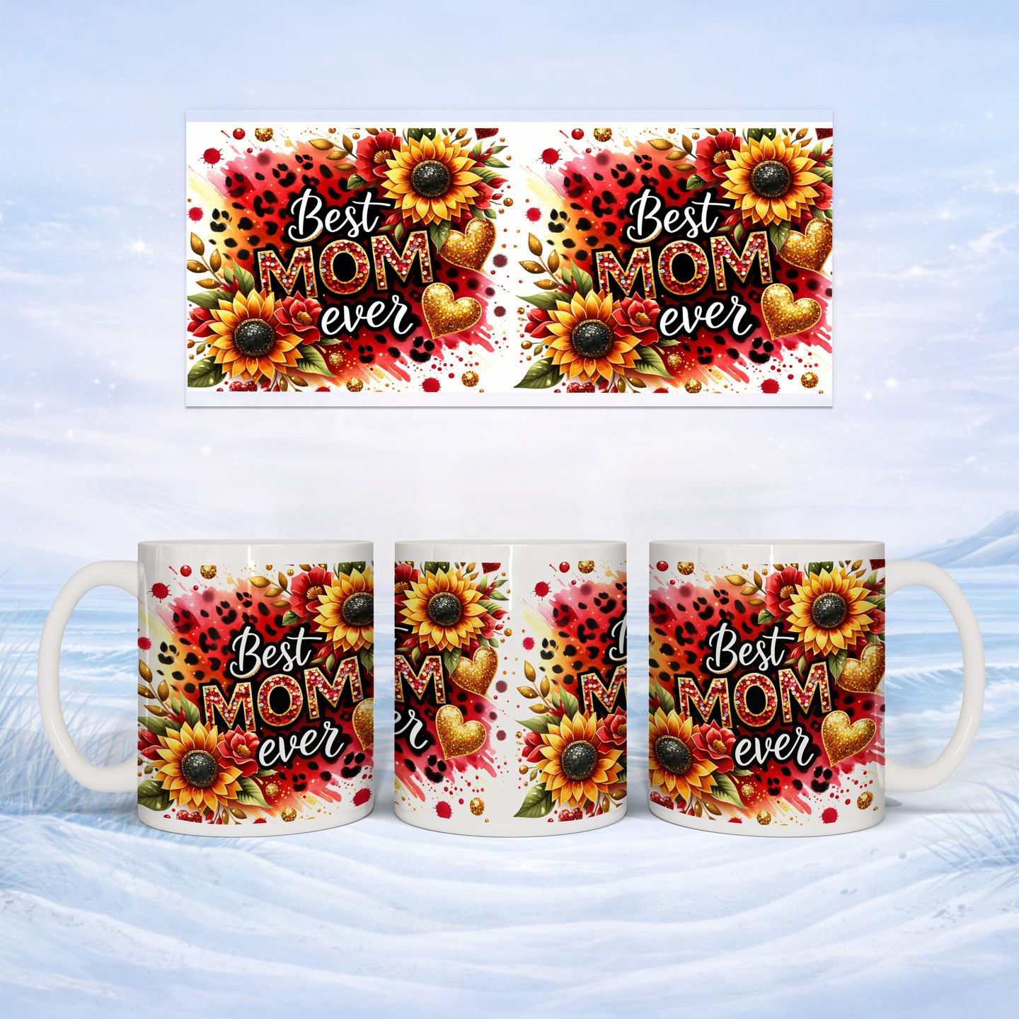 Mug with "Best Mom Ever" and sunflowers, leopard print, and hearts.