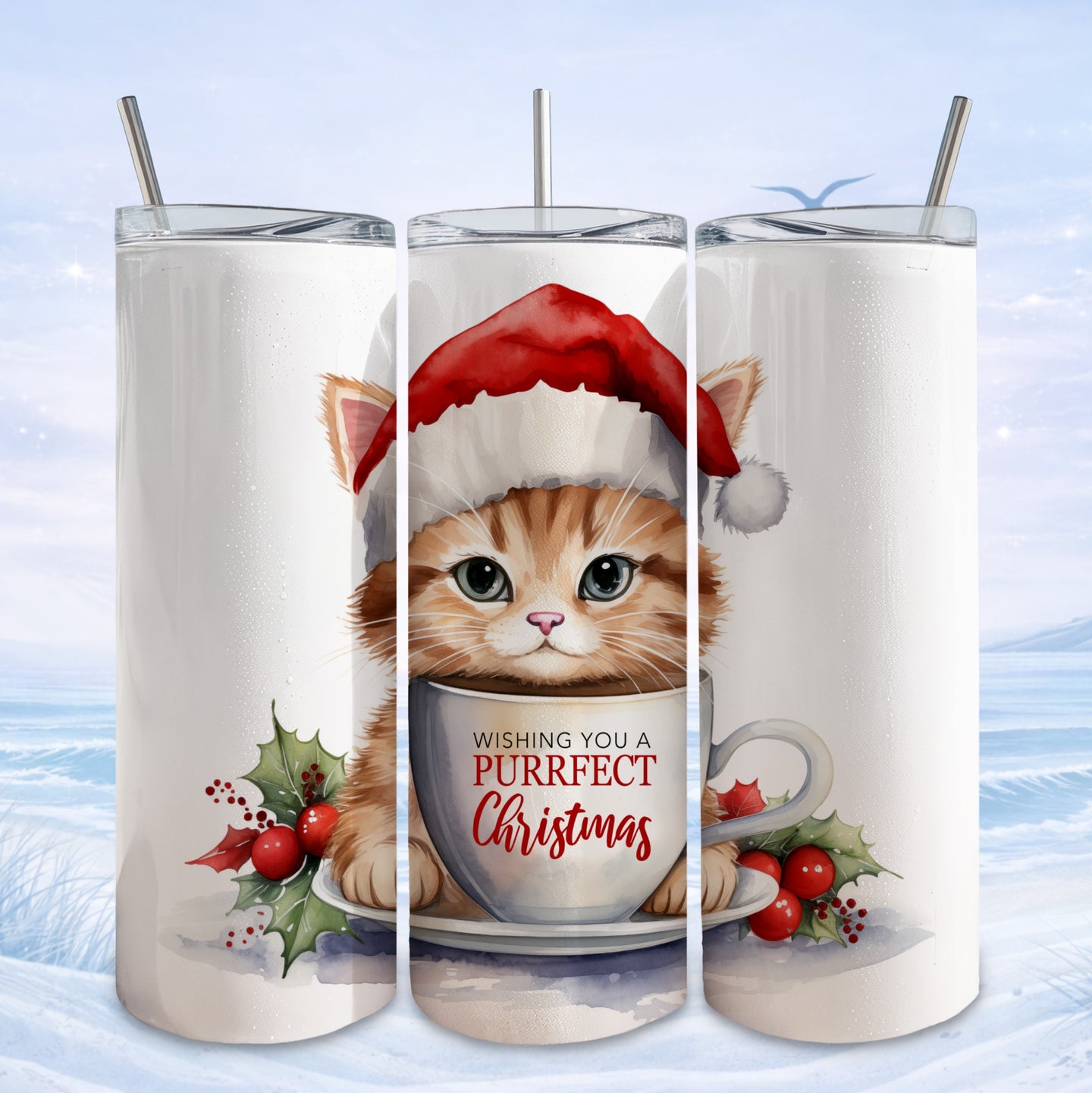 Ginger kitten in Santa hat holds mug with "Purrfect Christmas" text.