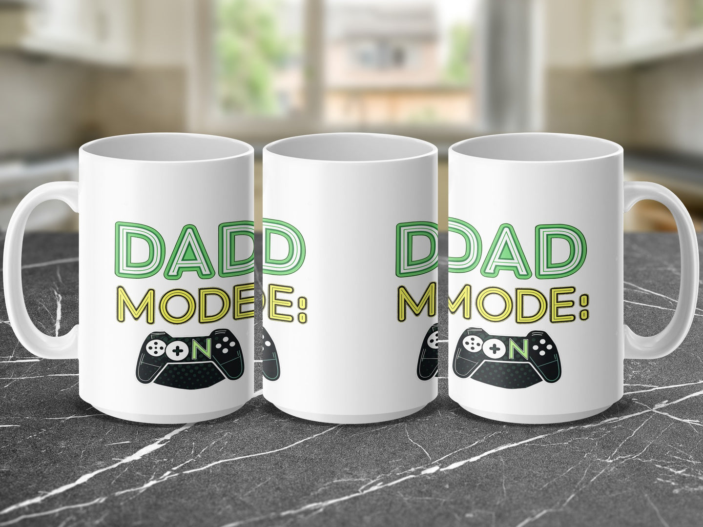 Three white mugs with "DADDY MODE: ON" text and video game controllers.