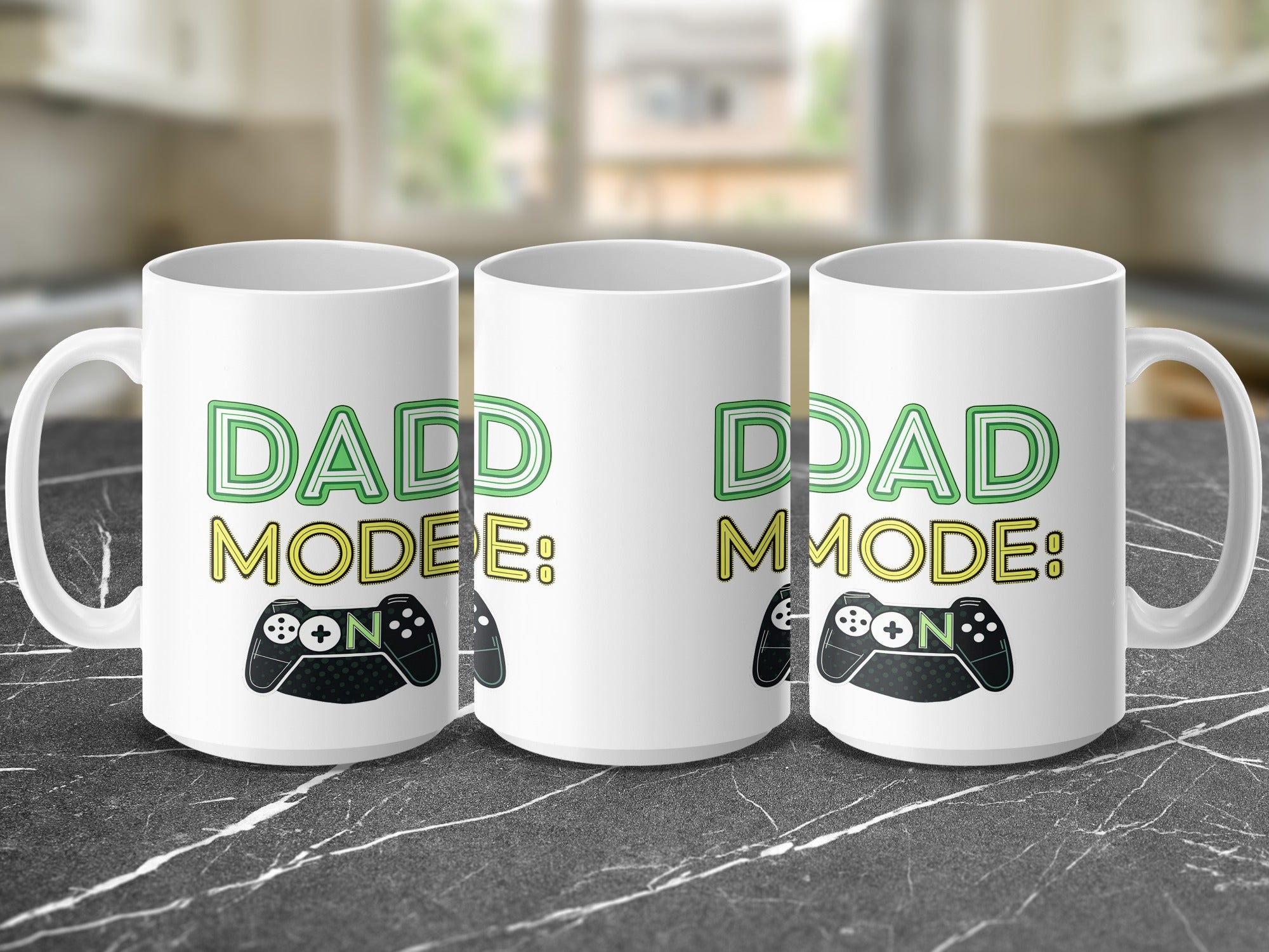 Three white mugs with "DADDY MODE: ON" text and video game controllers.