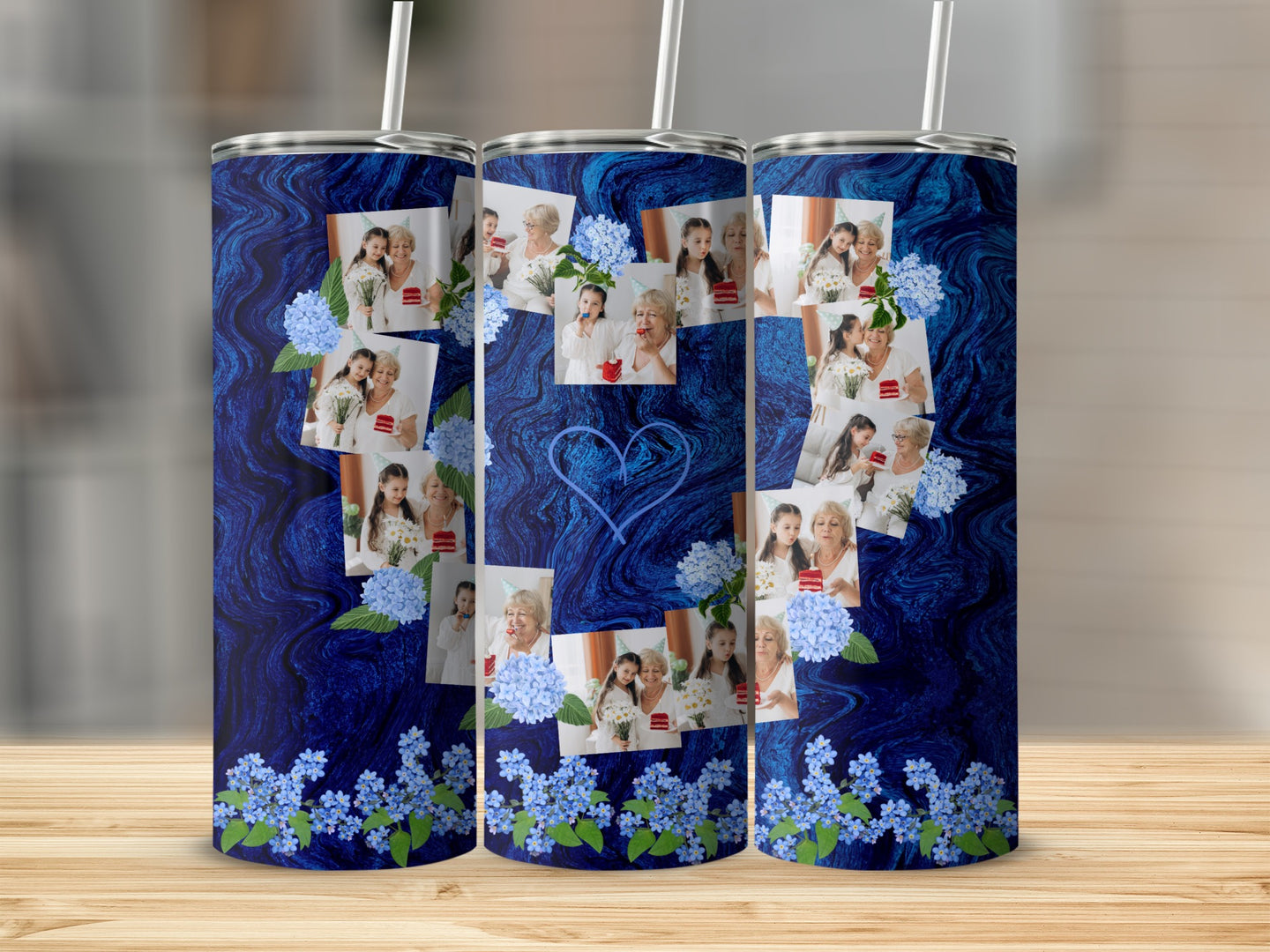 Collage of family photos on a dark blue marbled tumbler with blue flowers.