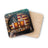 Two whiskey bottles and American flag on barrel, coasters.