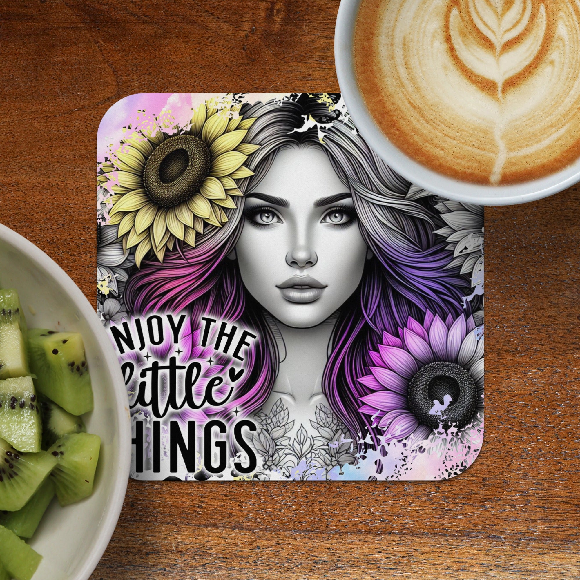 Woman with colorful hair and sunflowers, text "enjoy the little things".
