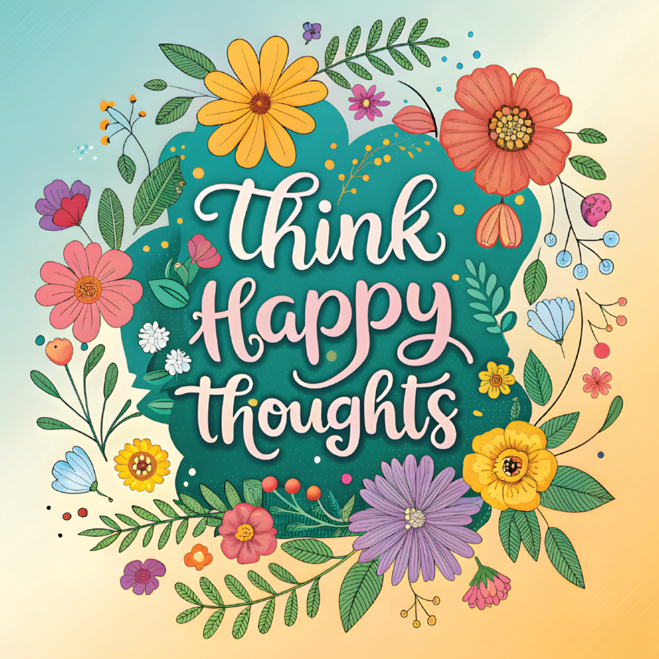 "Think Happy Thoughts" text surrounded by colorful flowers and leaves.