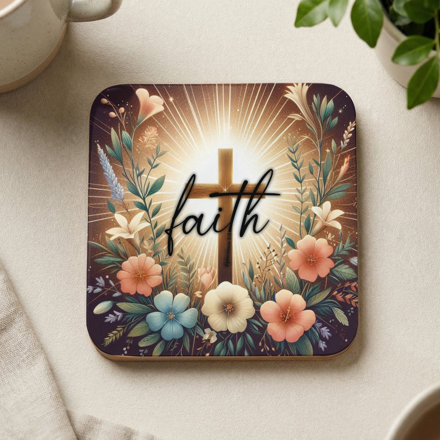 Cross with "faith" text, surrounded by flowers and glowing light.