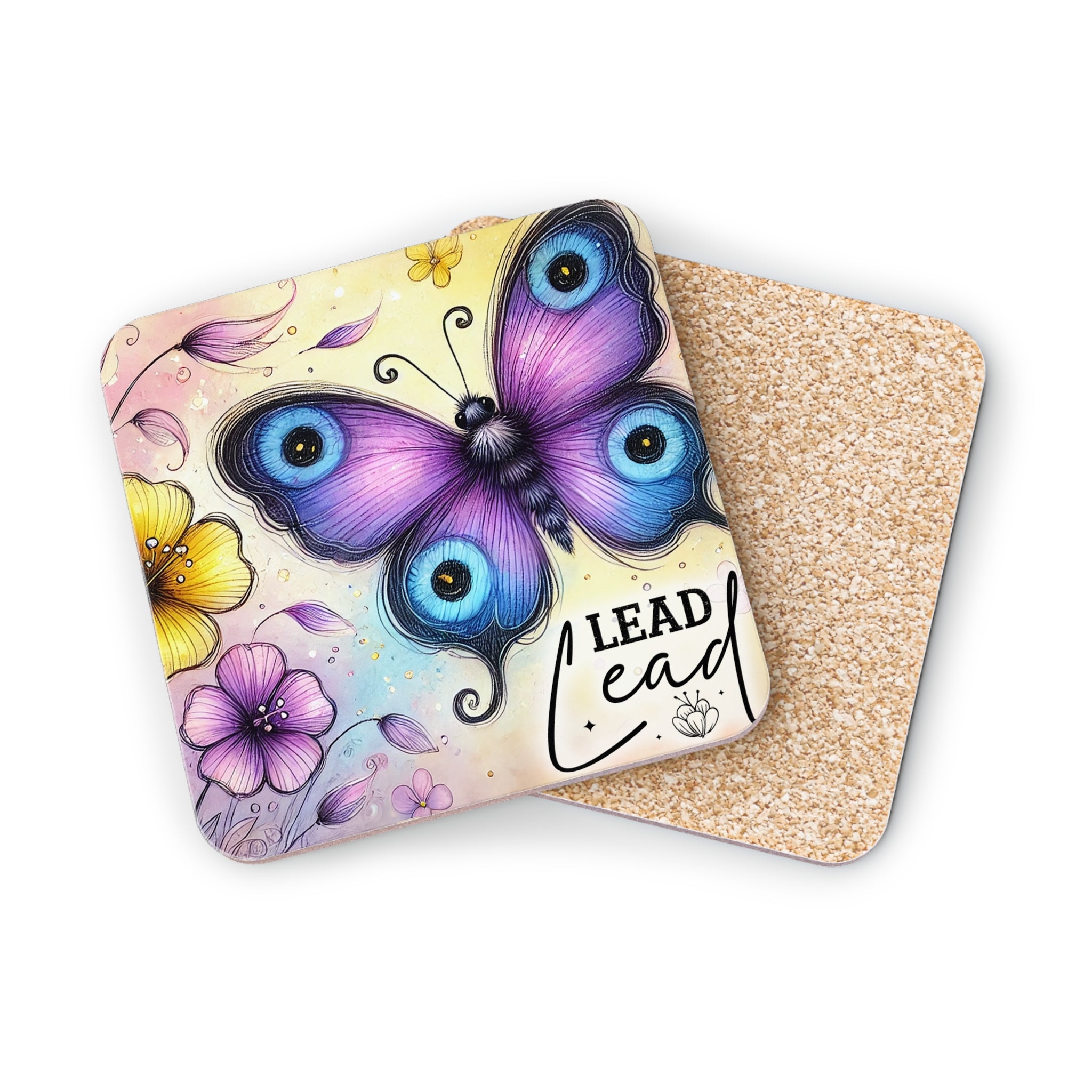 Purple butterfly with blue eyes and flowers on a square coaster with text "LEAD".