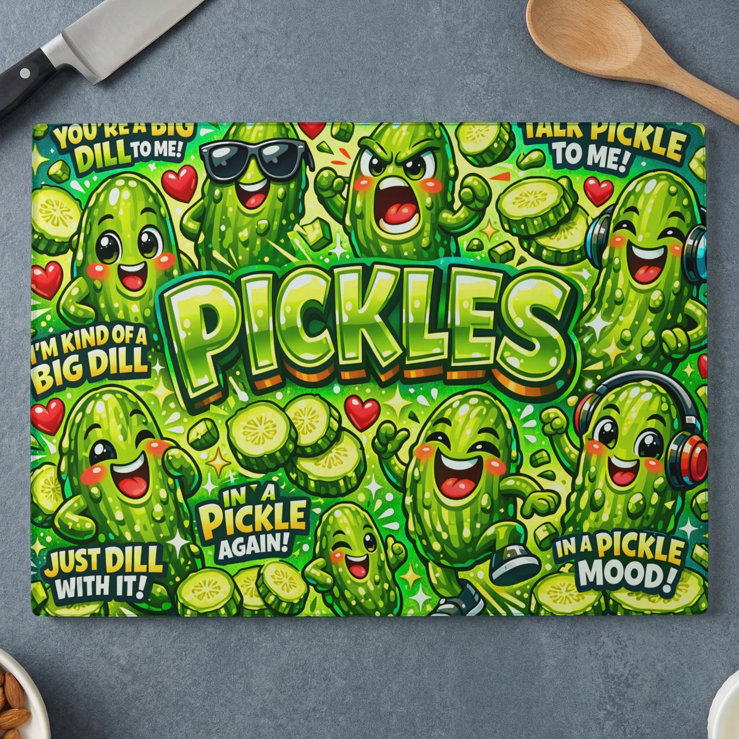Cartoon pickles with sunglasses and headphones, saying "Pickles."