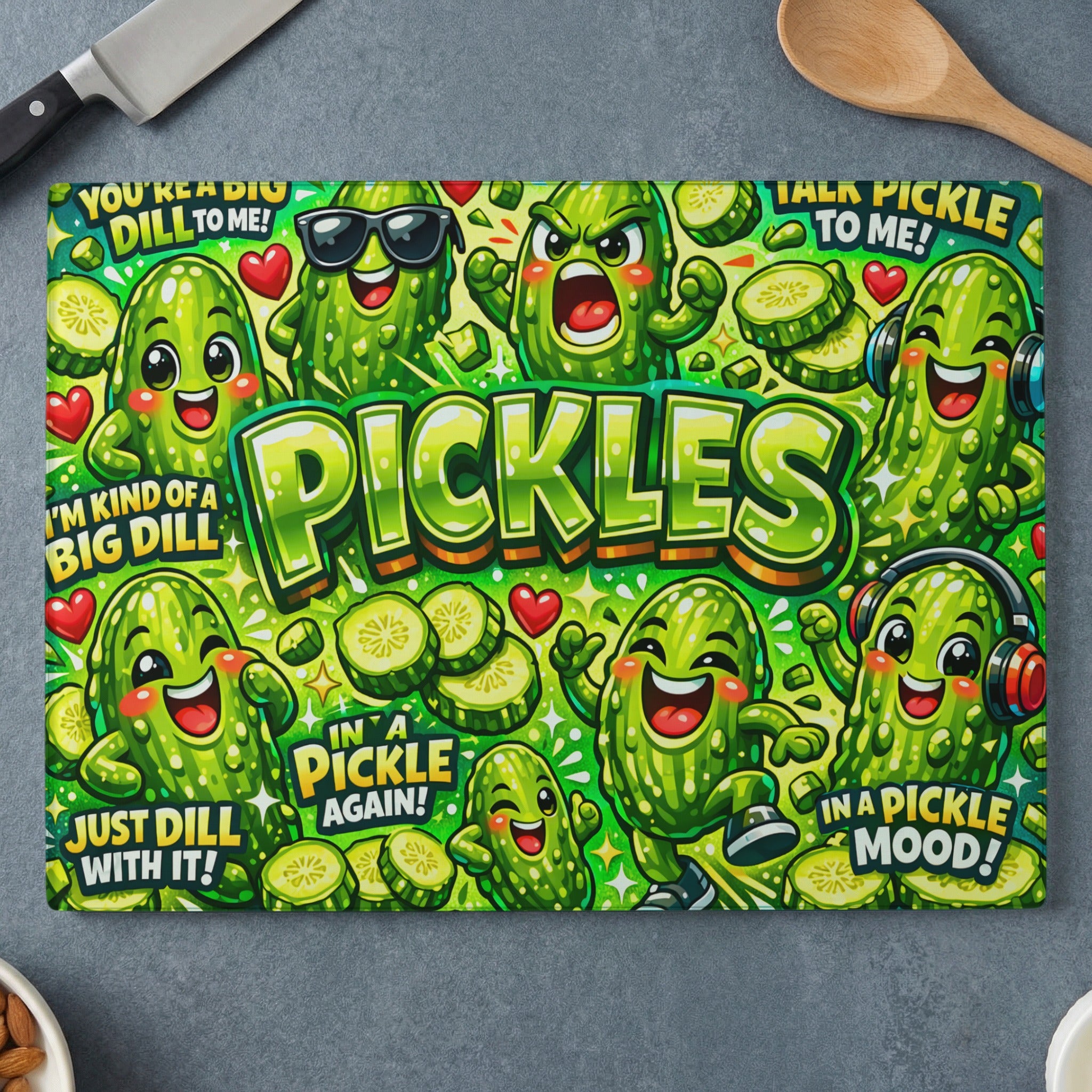 Cartoon pickles with sunglasses and headphones, saying "Pickles."