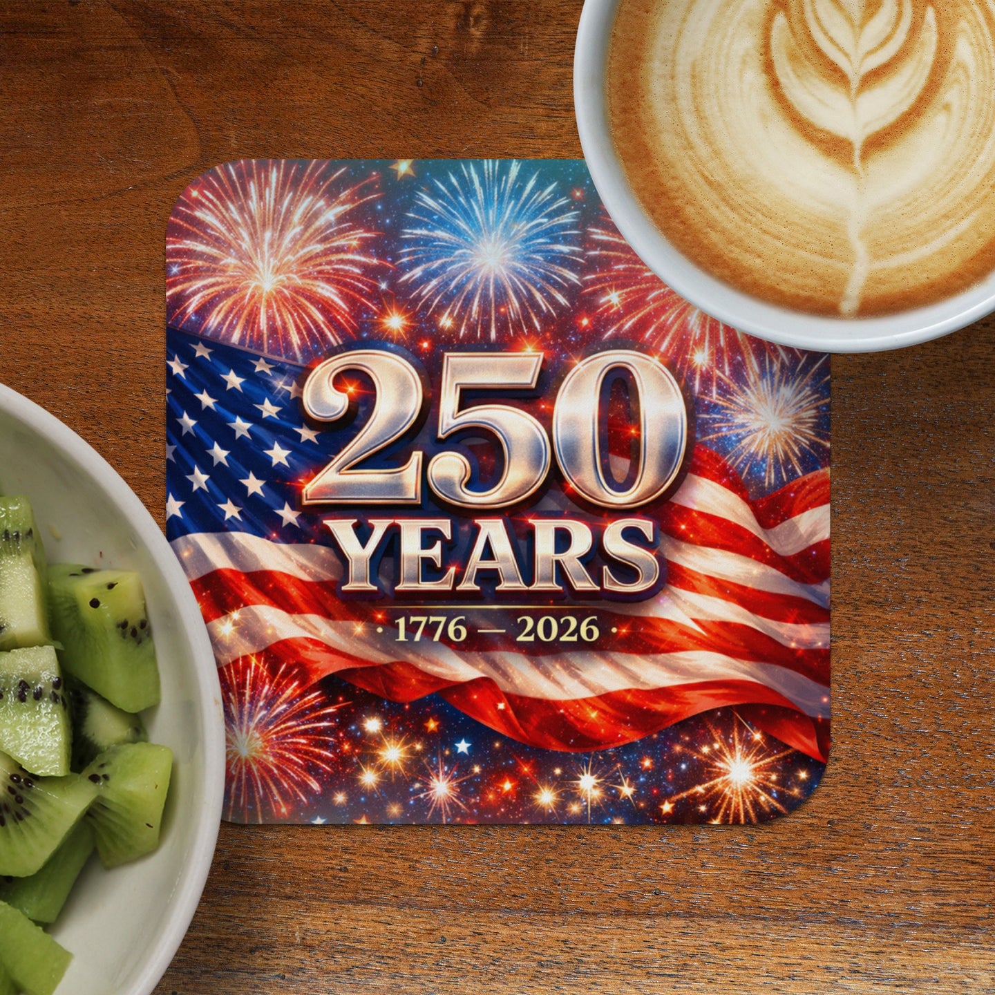 American flag with "250 Years 1776 - 2026" text and fireworks.