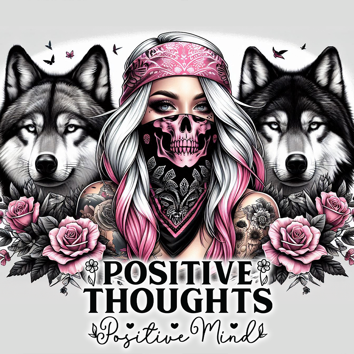 Woman with wolves and roses, text "POSITIVE THOUGHTS Positive Mind".
