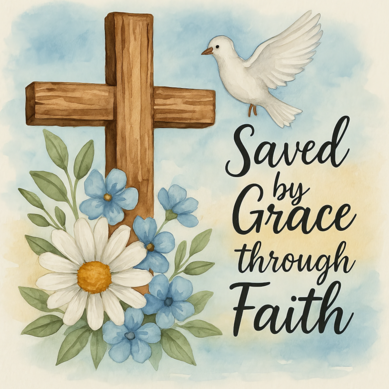 Wooden cross with flowers and dove, "Saved by Grace through Faith" text.