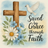 Wooden cross with flowers and dove, "Saved by Grace through Faith" text.