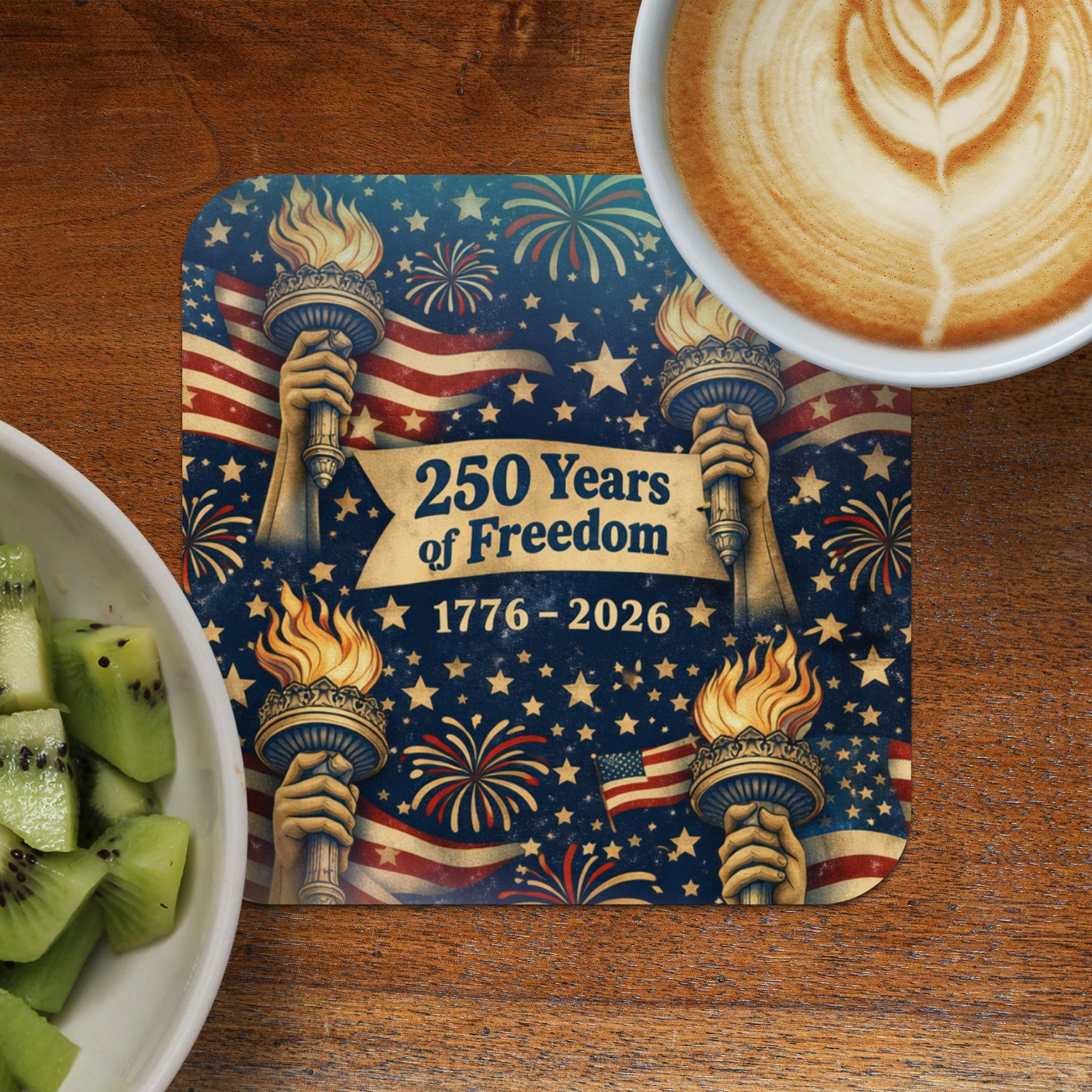 Coaster with Statue of Liberty torches, fireworks, and American flag.