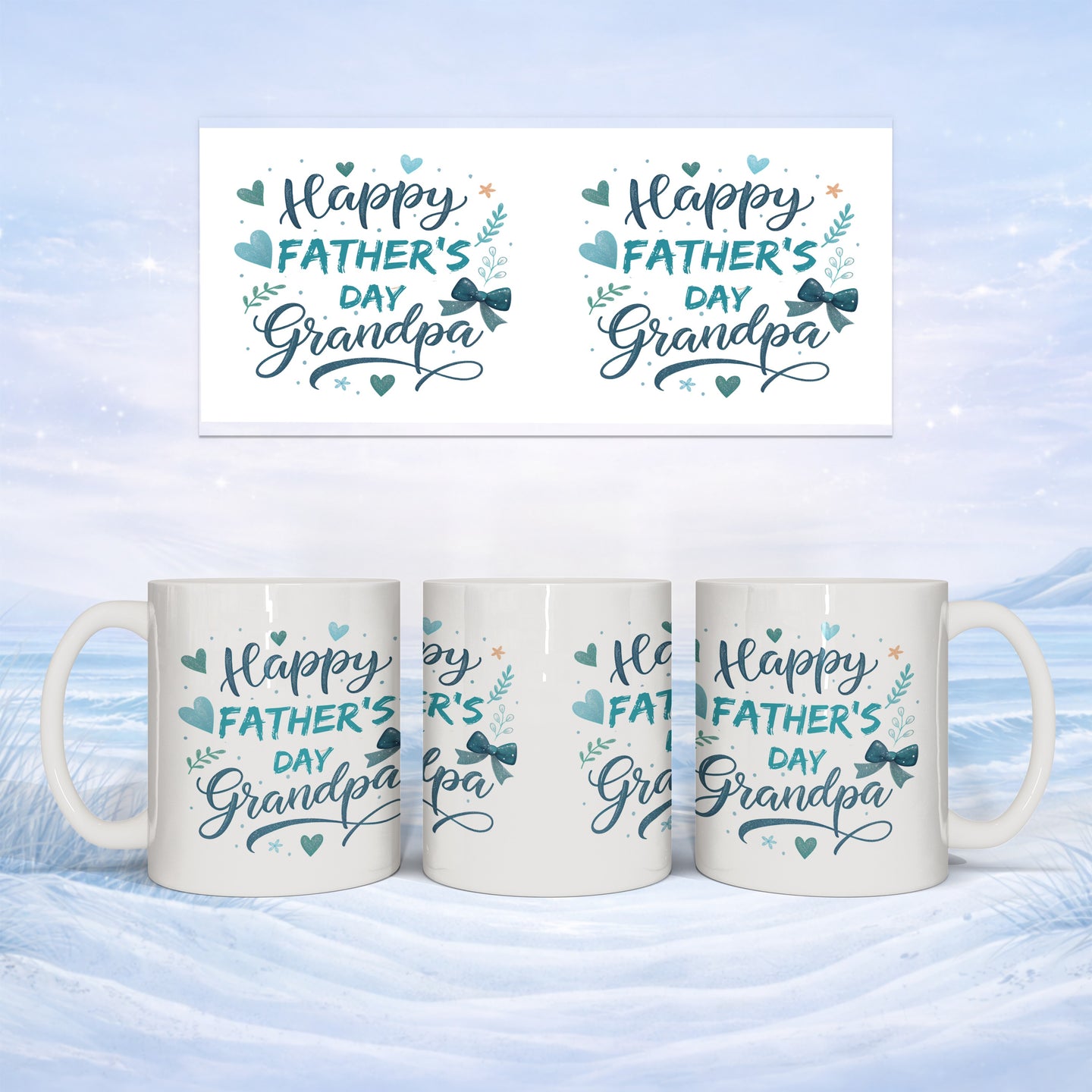 Mugs with "Happy Father's Day Grandpa" text and bow illustrations.