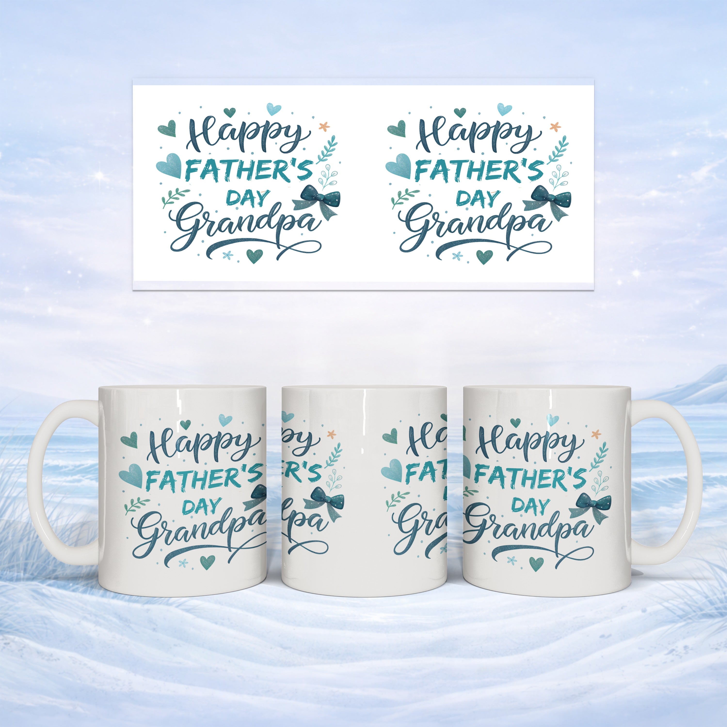 Mugs with "Happy Father's Day Grandpa" text and bow illustrations.