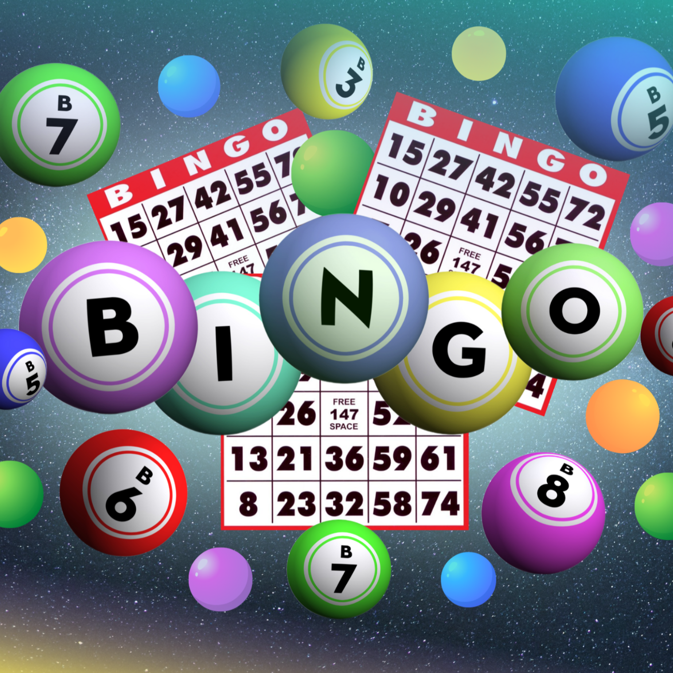 Bingo cards and colorful bingo balls scattered against a starry background.