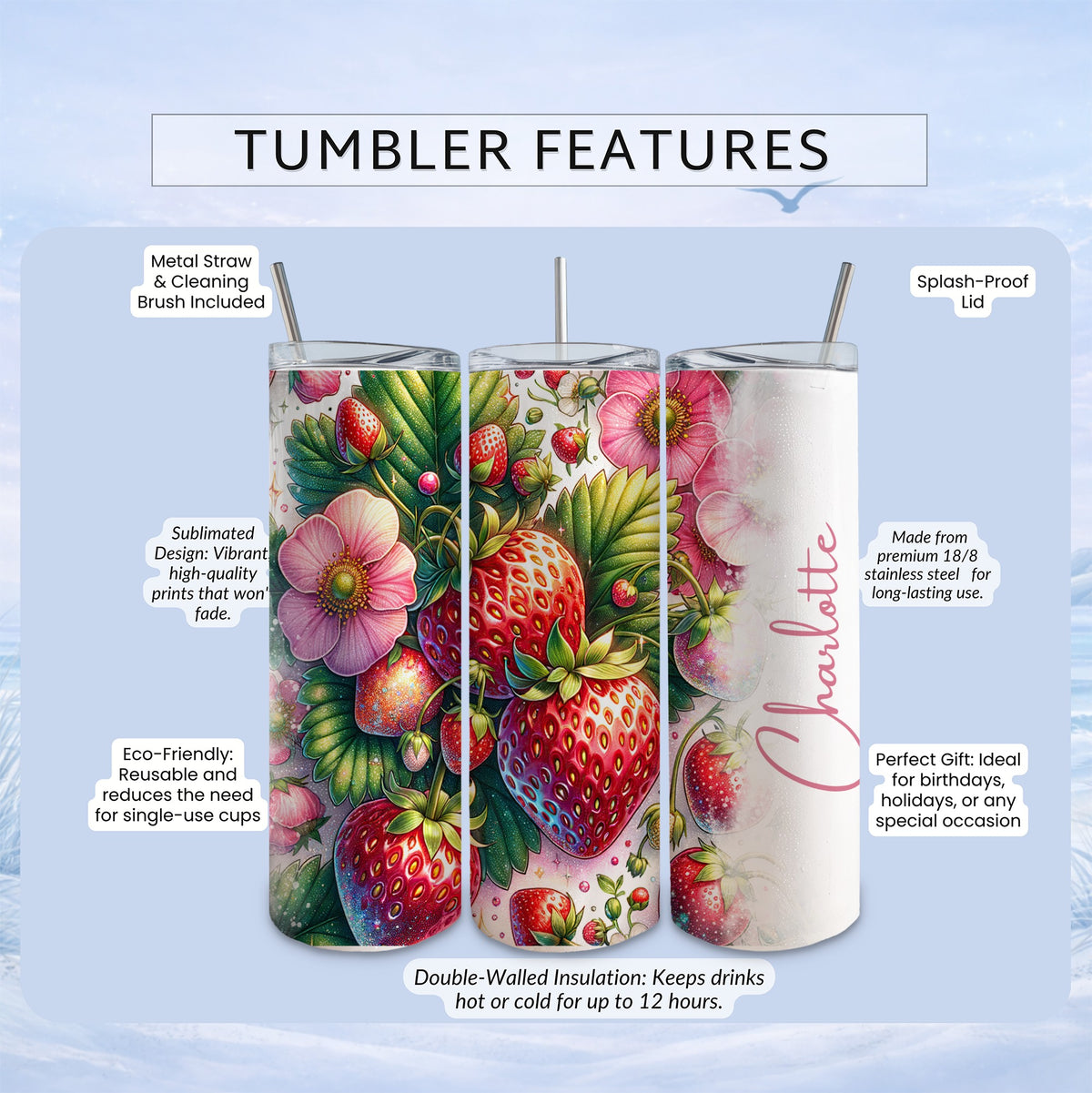 TUMBLER FEATURES with strawberries and "Charlotte" text.