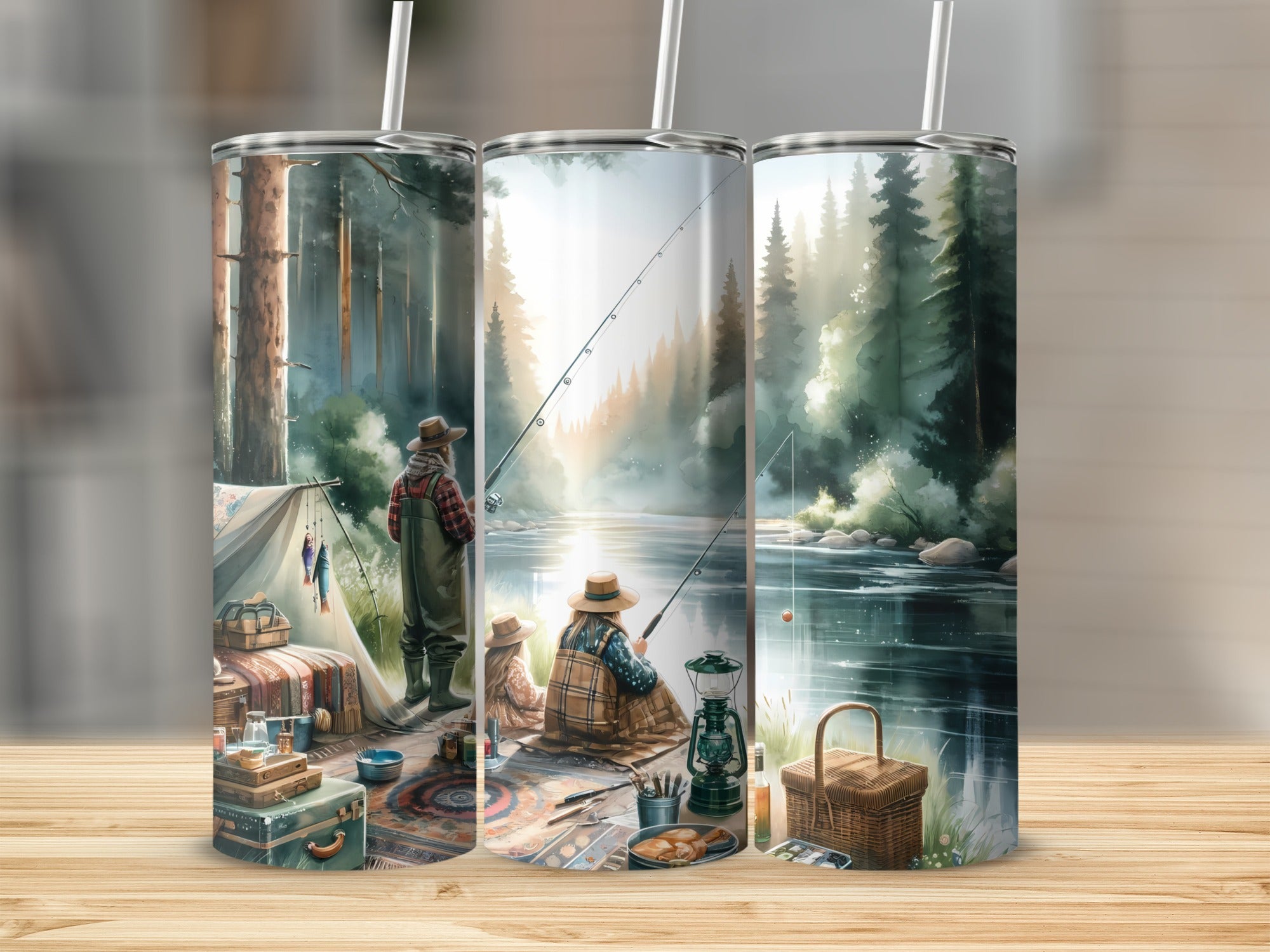 Three tumblers featuring a serene forest fishing scene with people by a lake.