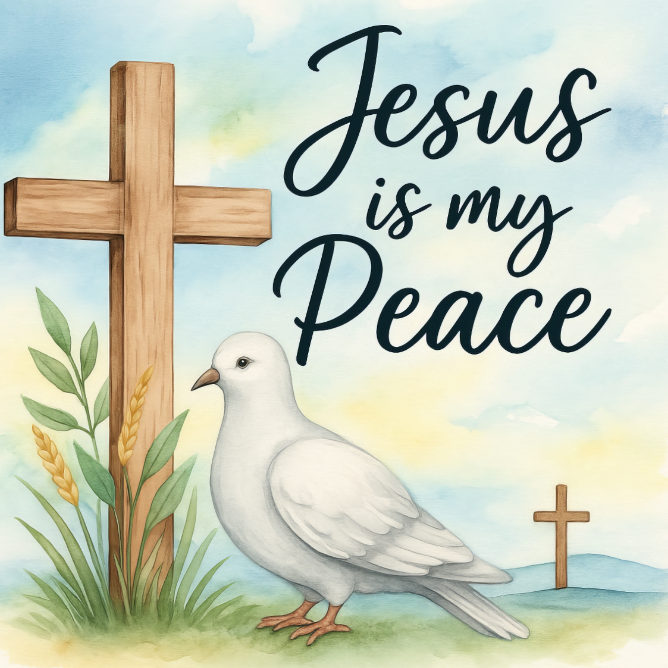 Jesus is my Peace inscription above dove and wooden crosses in watercolor.