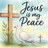 Jesus is my Peace inscription above dove and wooden crosses in watercolor.