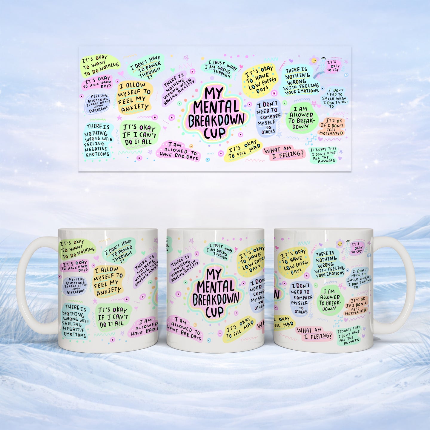 Mug with "My Mental Breakdown Cup" and affirmations about emotions.