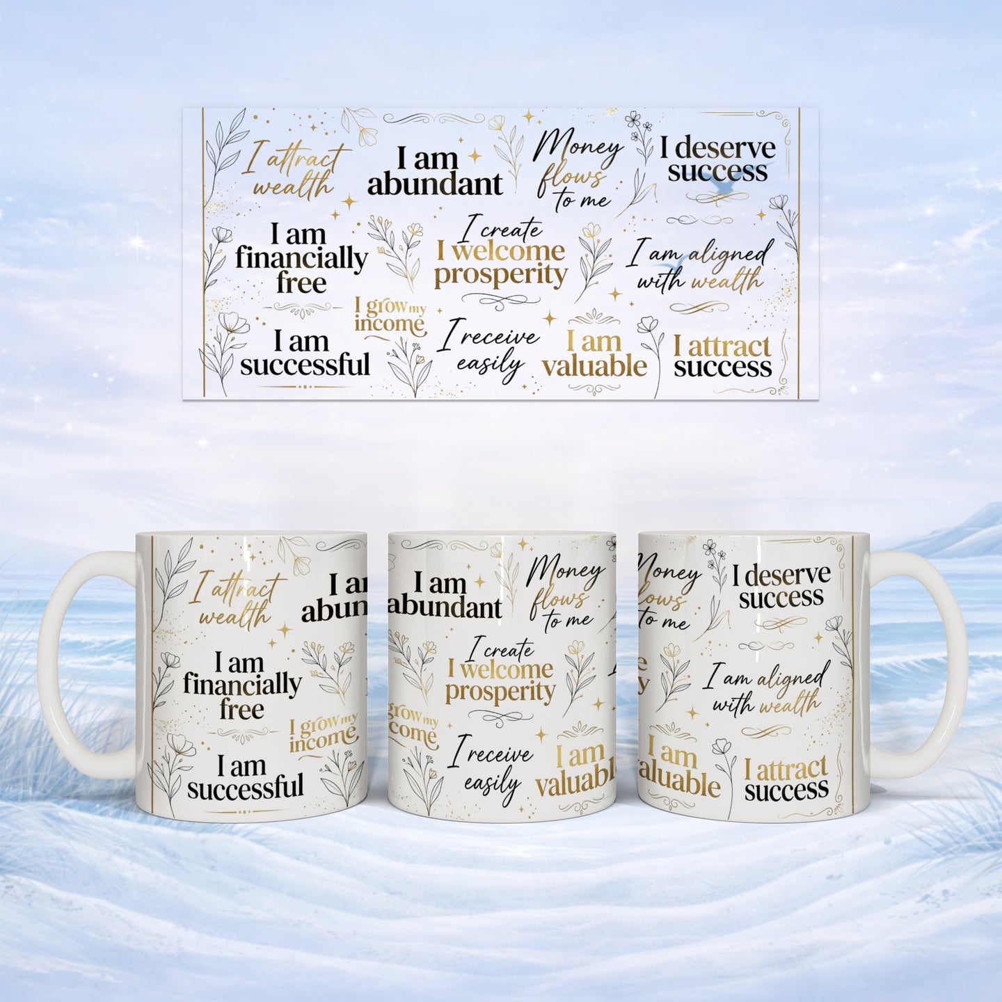 Mugs with "I attract wealth," "I am abundant," and other positive affirmations.