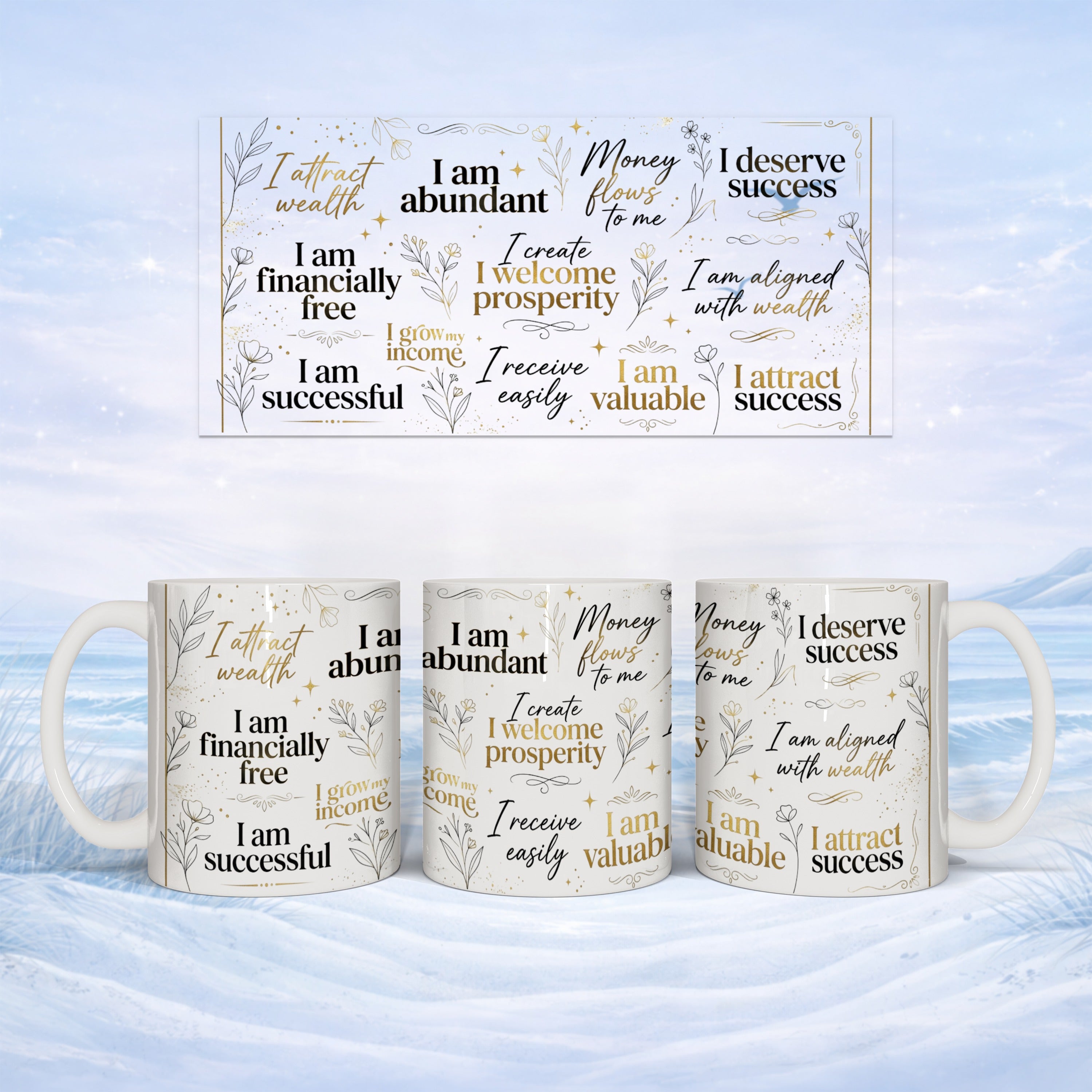 Mugs with "I attract wealth," "I am abundant," and other positive affirmations.
