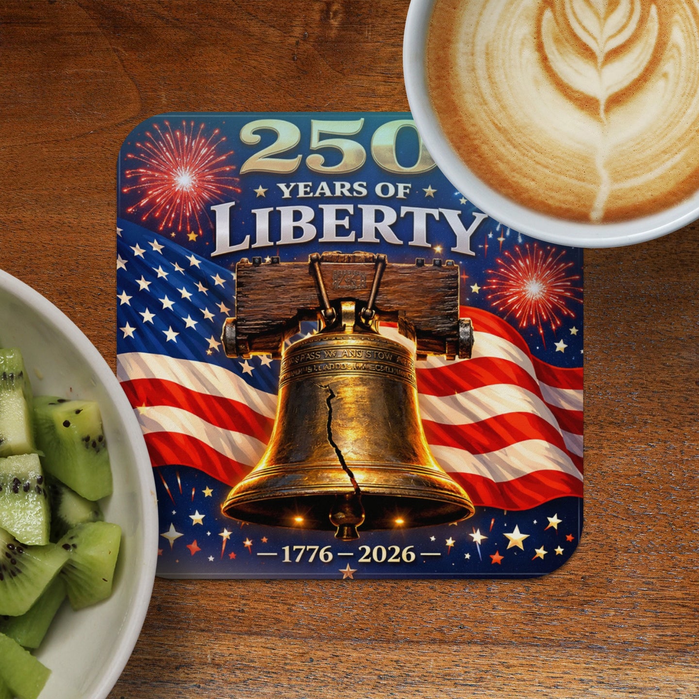 Liberty Bell coin with American flag and fireworks, "250 Years of Liberty 1776-2026".