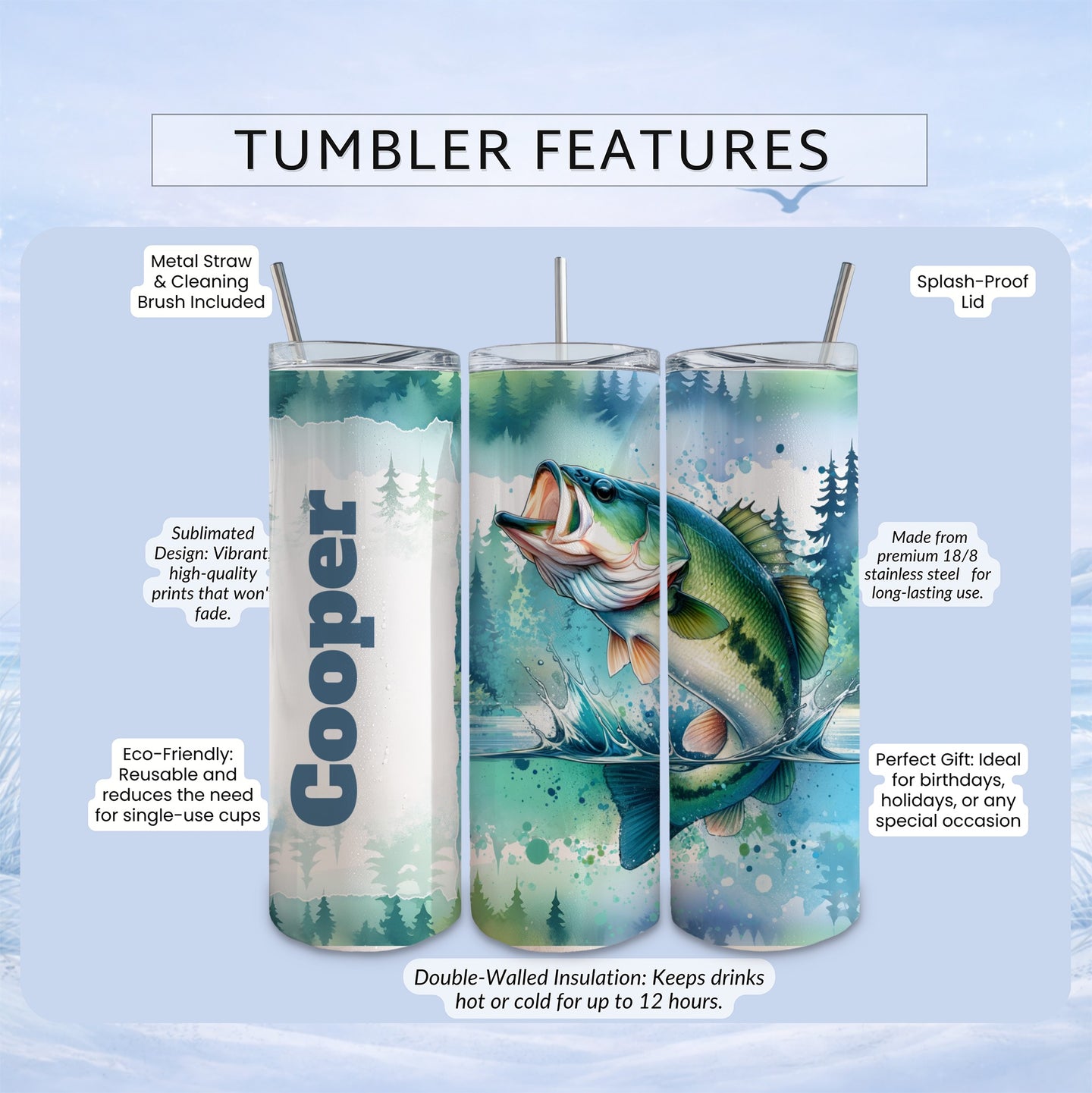 "Cooper" tumbler with bass jumping from water, features text about insulation and materials.