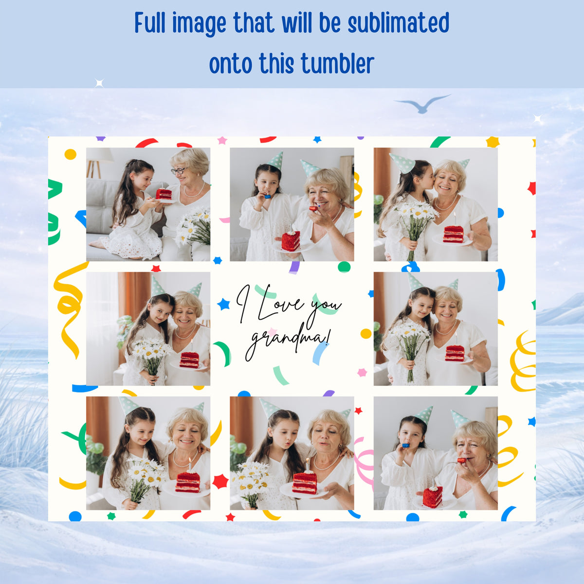 Collage of a grandmother and granddaughter celebrating with cake, "I Love you grandma!" text.