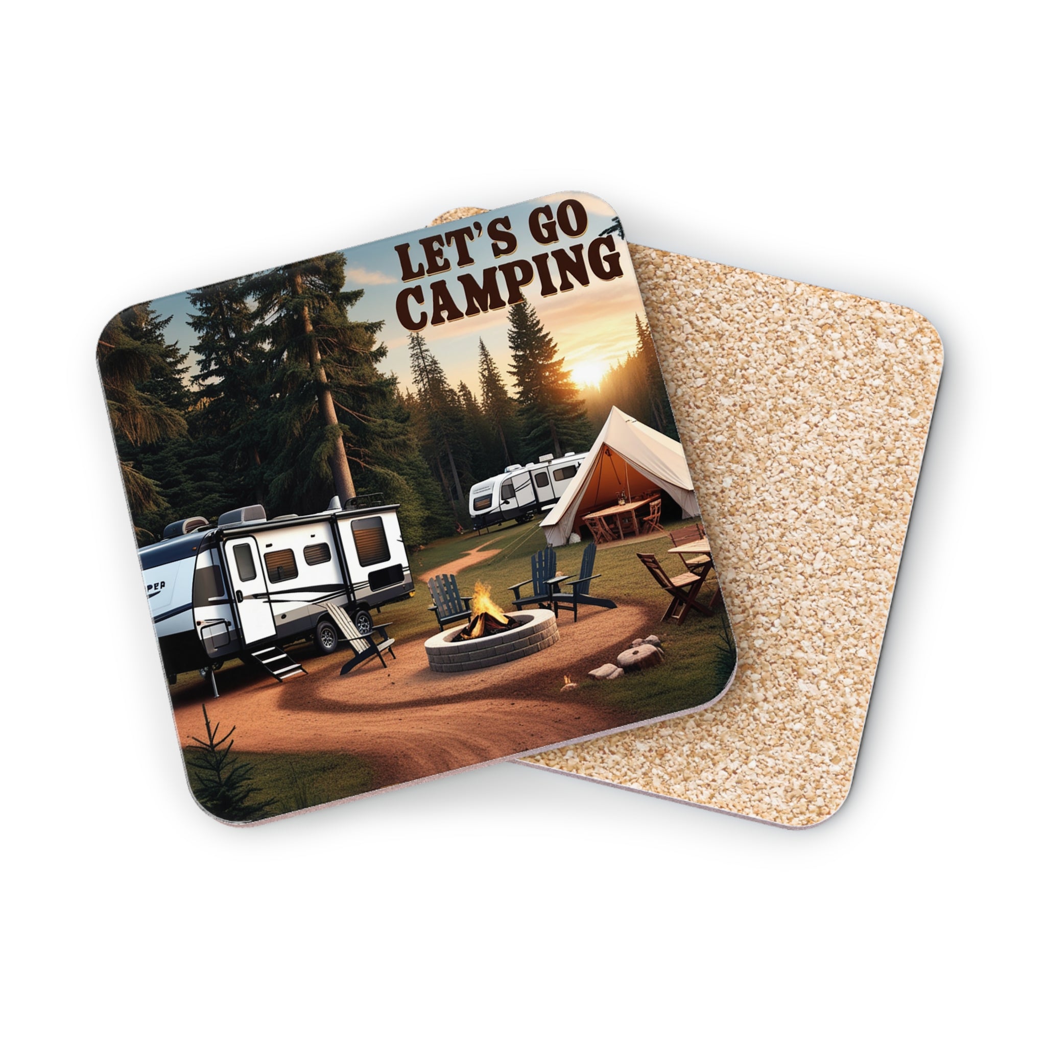 Two square coasters, one with a camping scene, the other showing cork texture.
