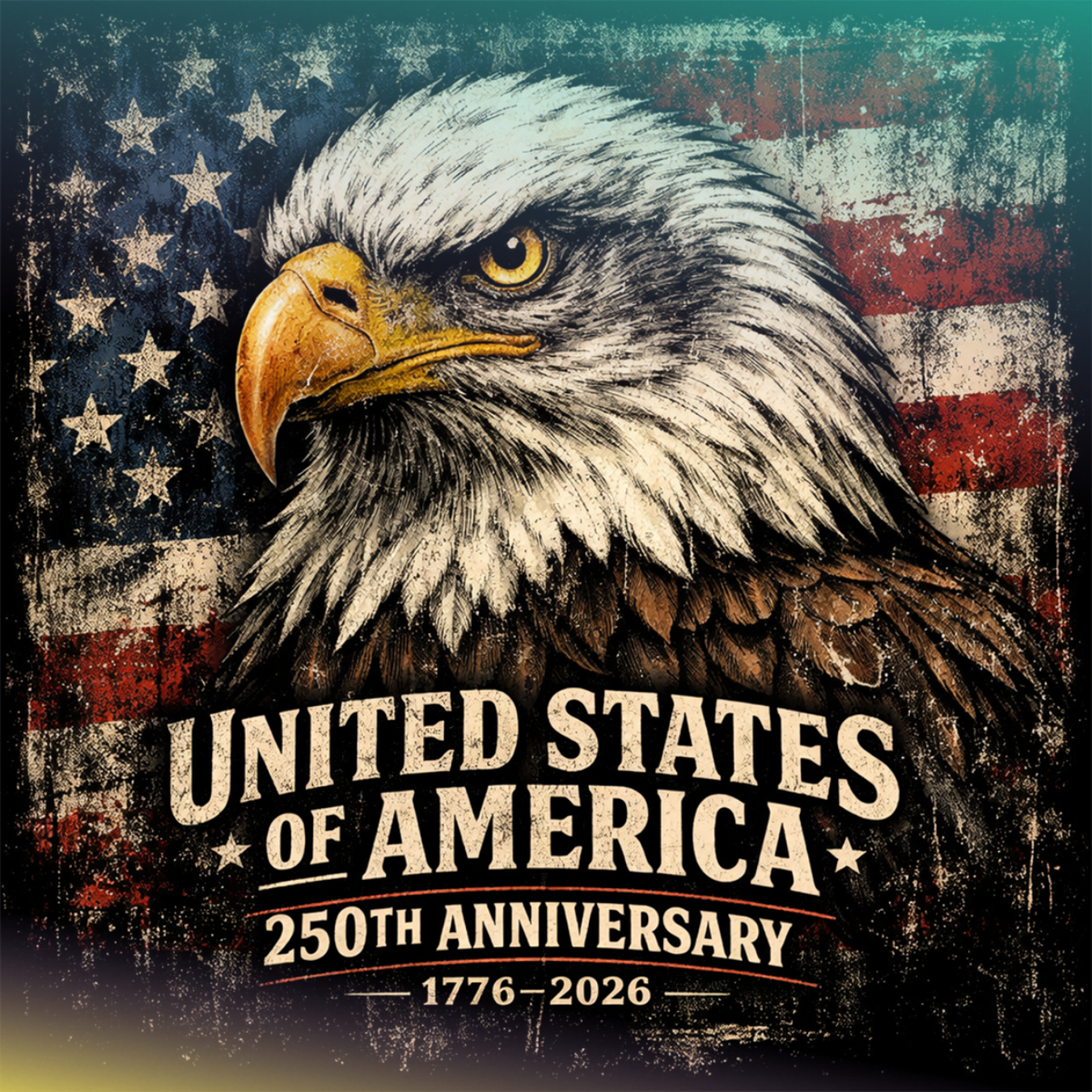Bald eagle in front of distressed American flag, "United States of America 250th Anniversary 1776-2026".