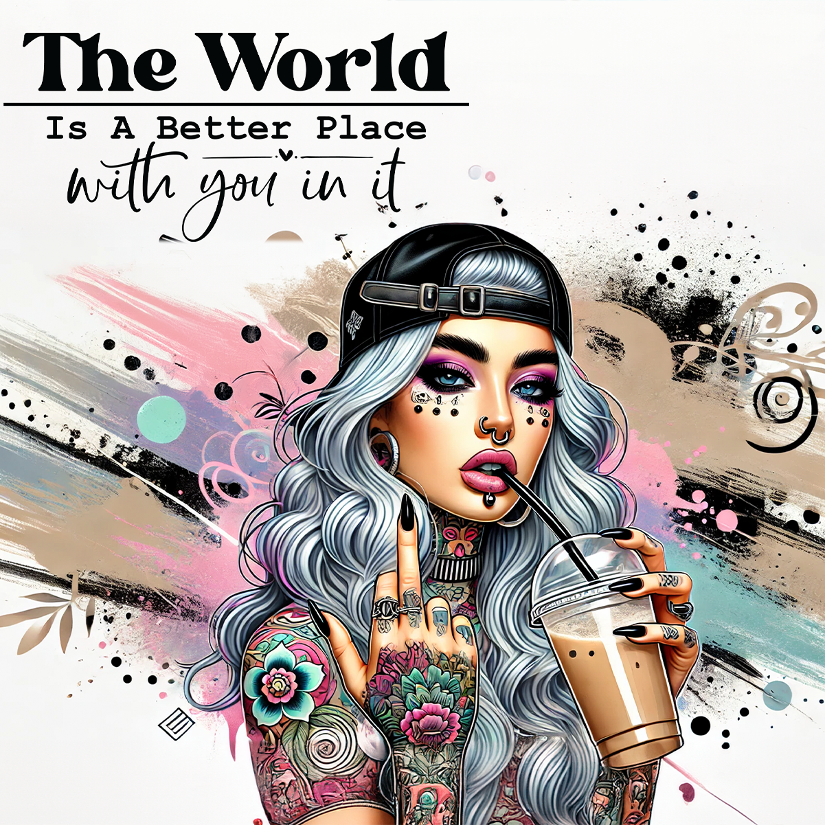 Tattooed woman with pink hair and piercings holds a coffee drink.