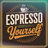 Espresso Yourself text with coffee cup graphic on dark striped background.