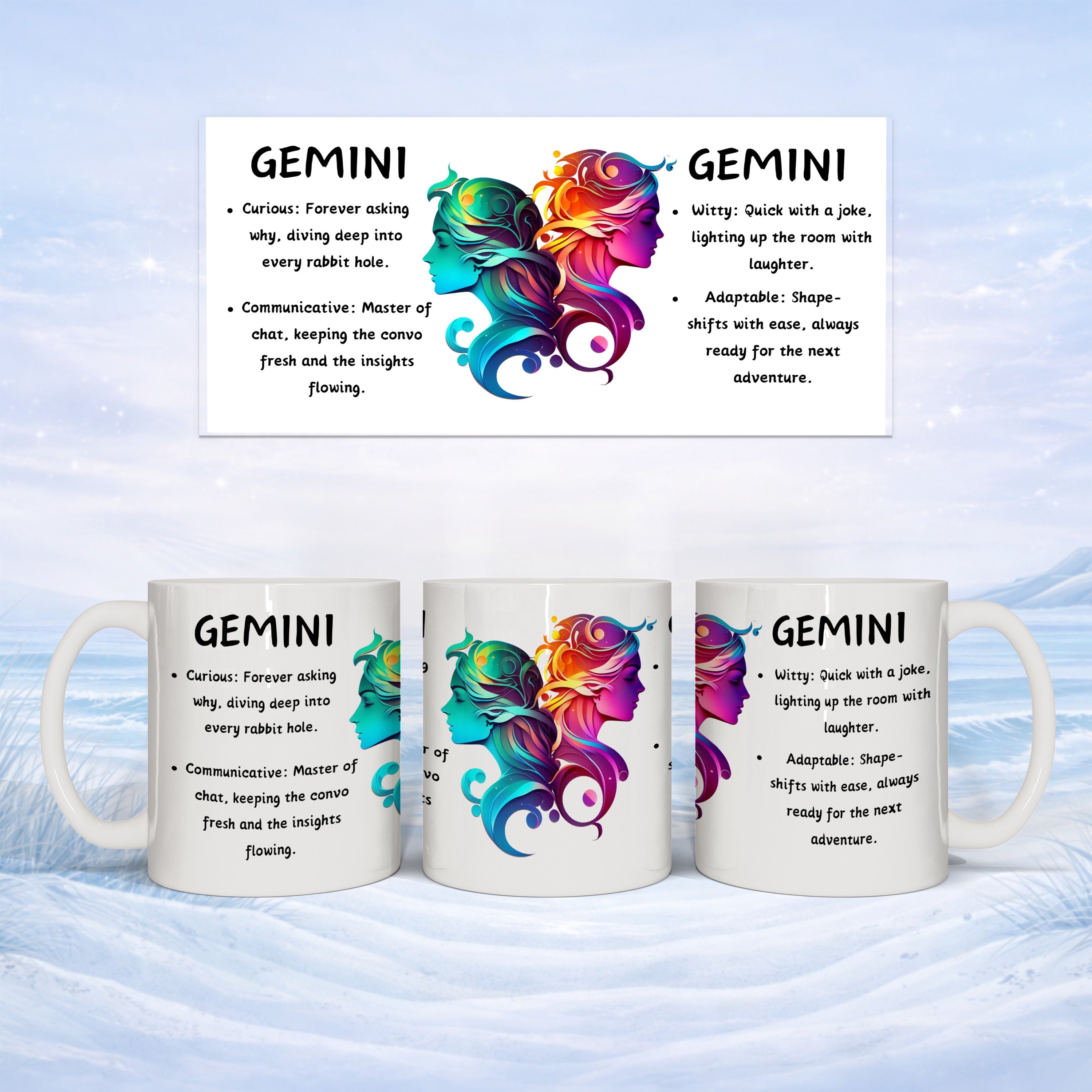 Three white mugs feature a Gemini zodiac profile with descriptive traits.