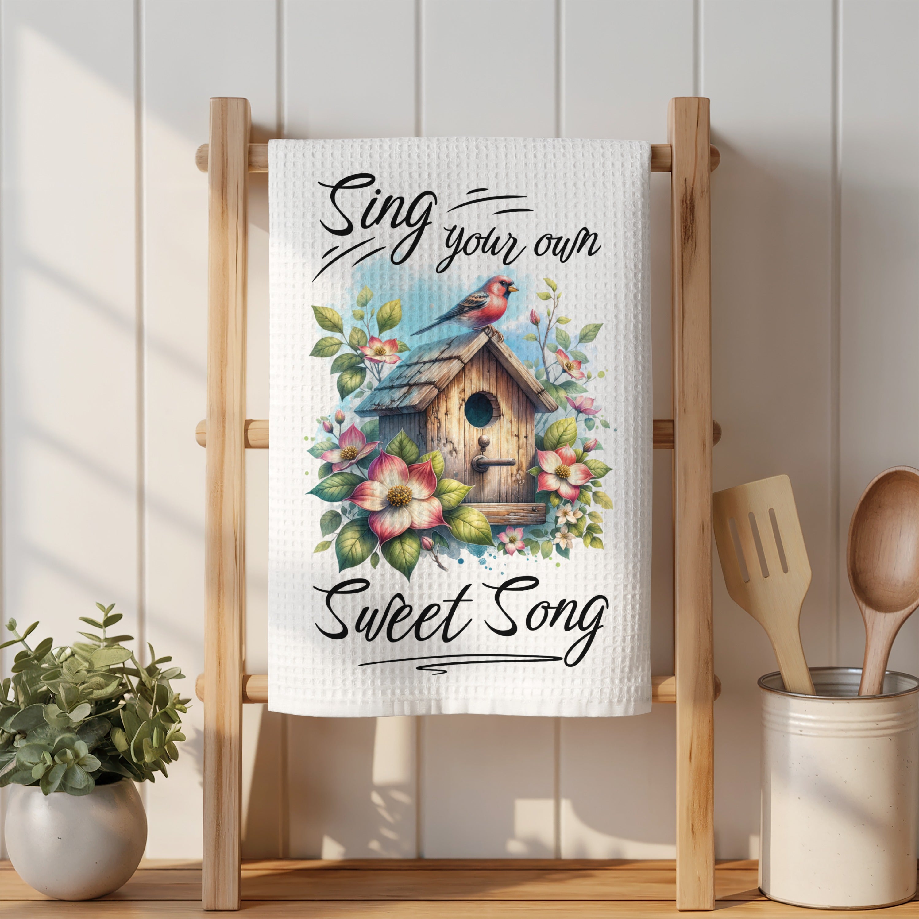 White tea towel with floral birdhouse and "Sing your own Sweet Song" text.