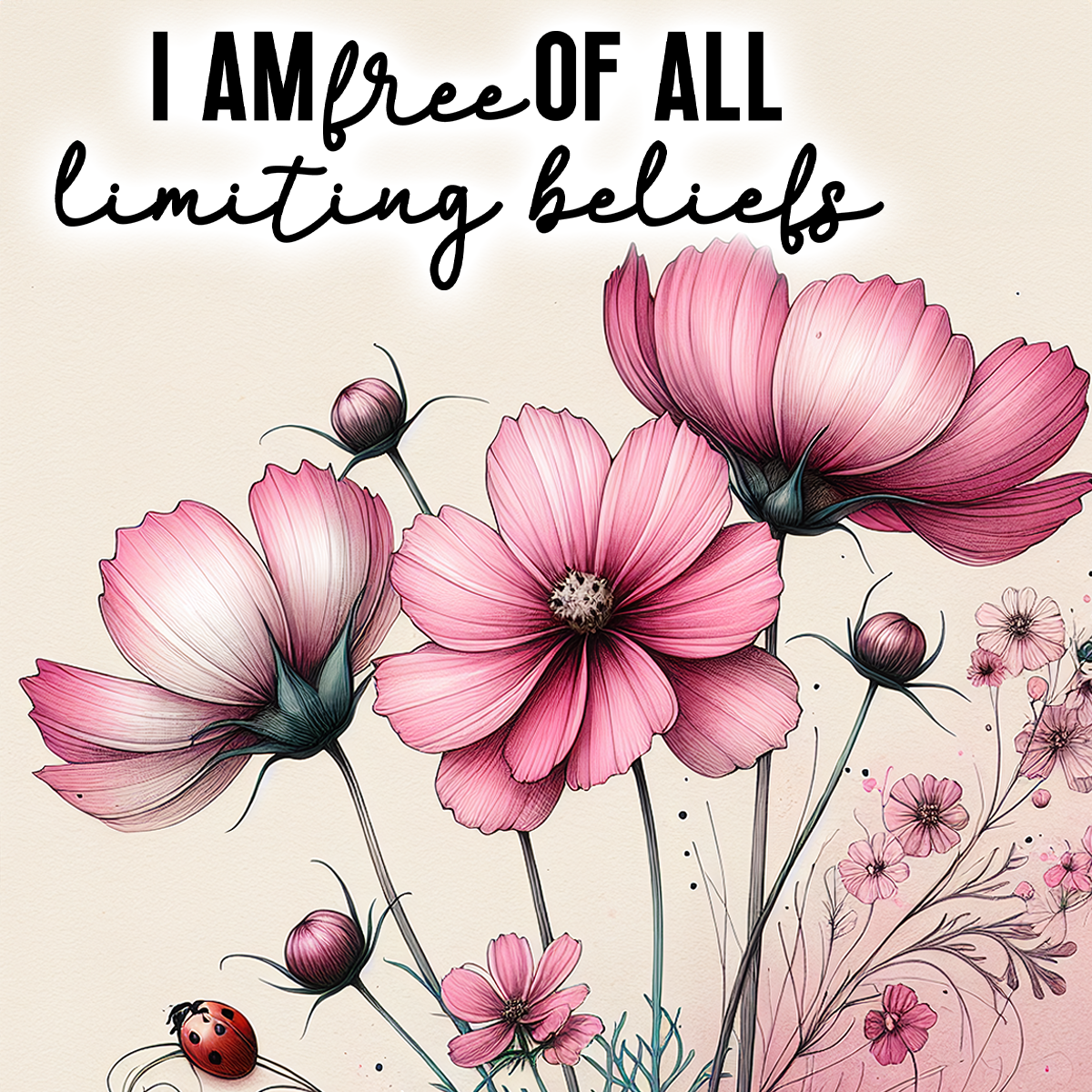 Pink cosmos flowers with text "I AM free of all limiting beliefs" and ladybug.