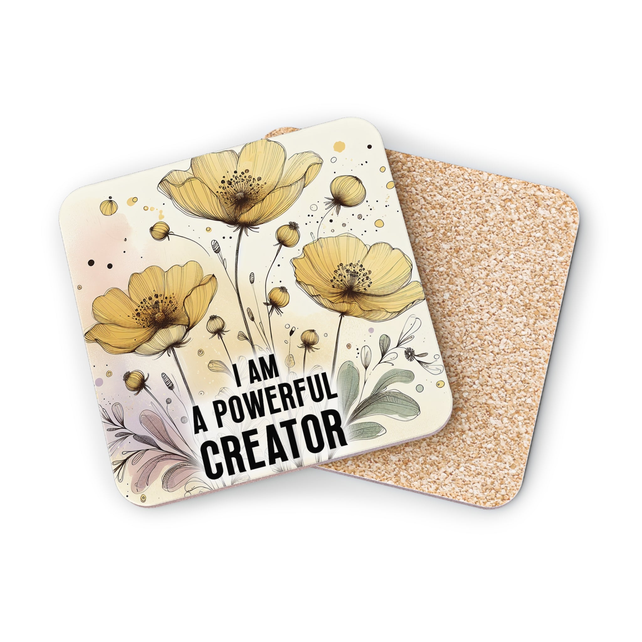 Coasters with yellow flowers and text "I AM A POWERFUL CREATOR".