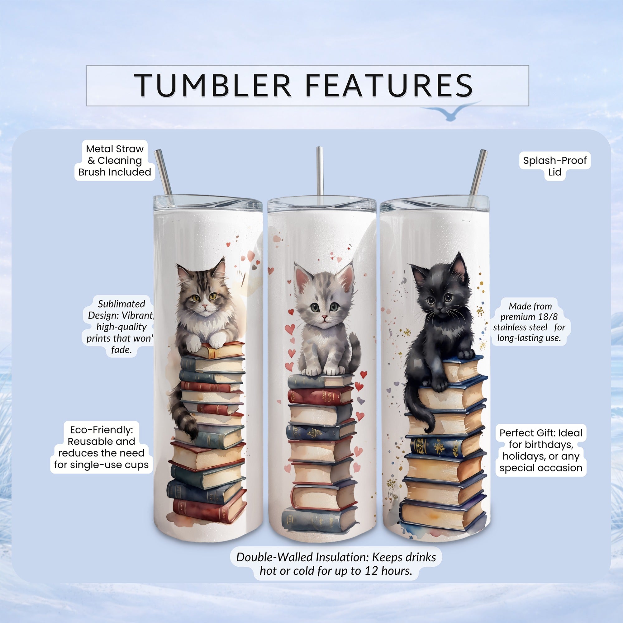 Tumbling with three kittens stacked on books, listing tumbler features.