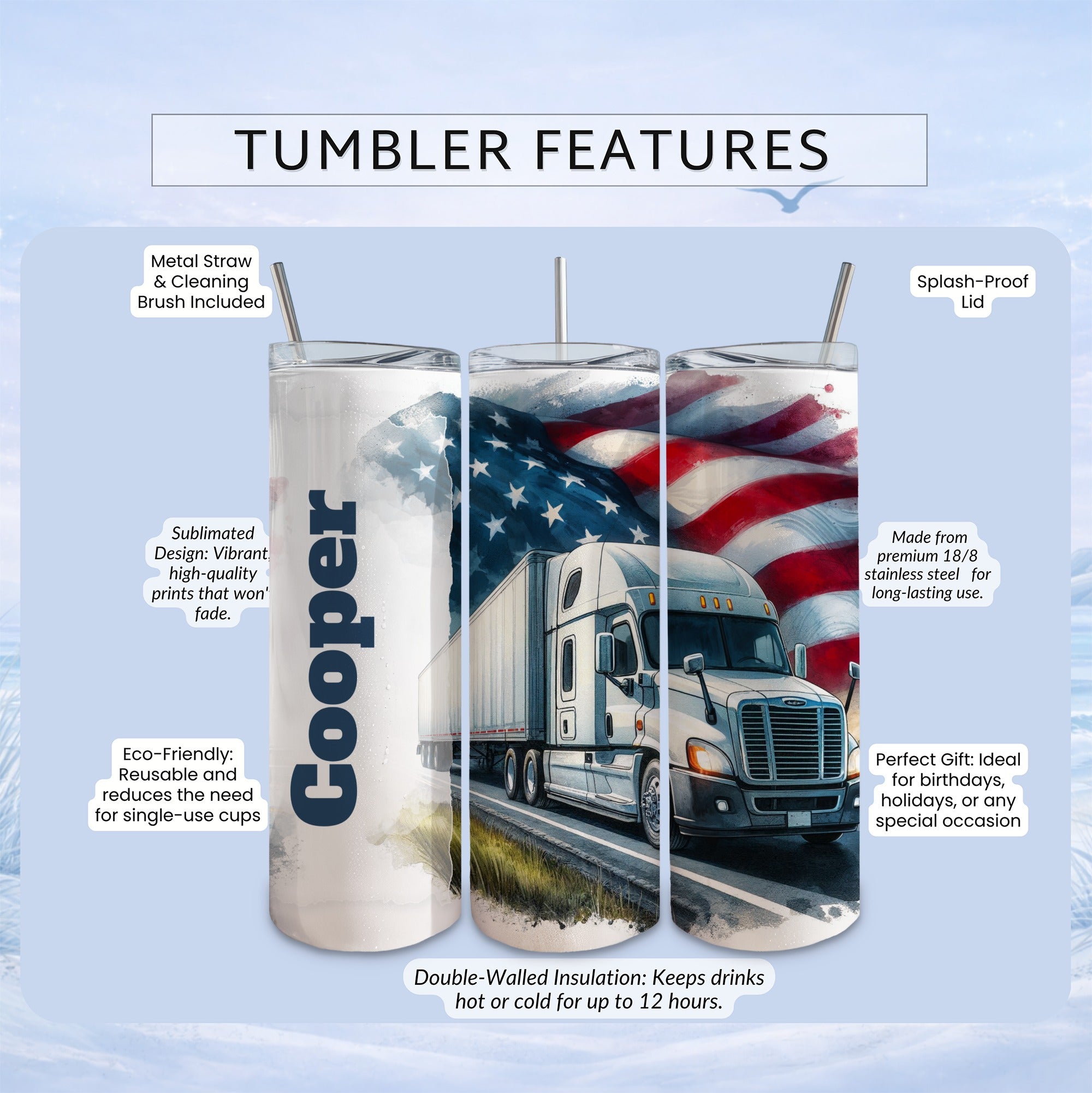 Cooper tumbler with American flag and truck design, featuring eco-friendly and insulated features.