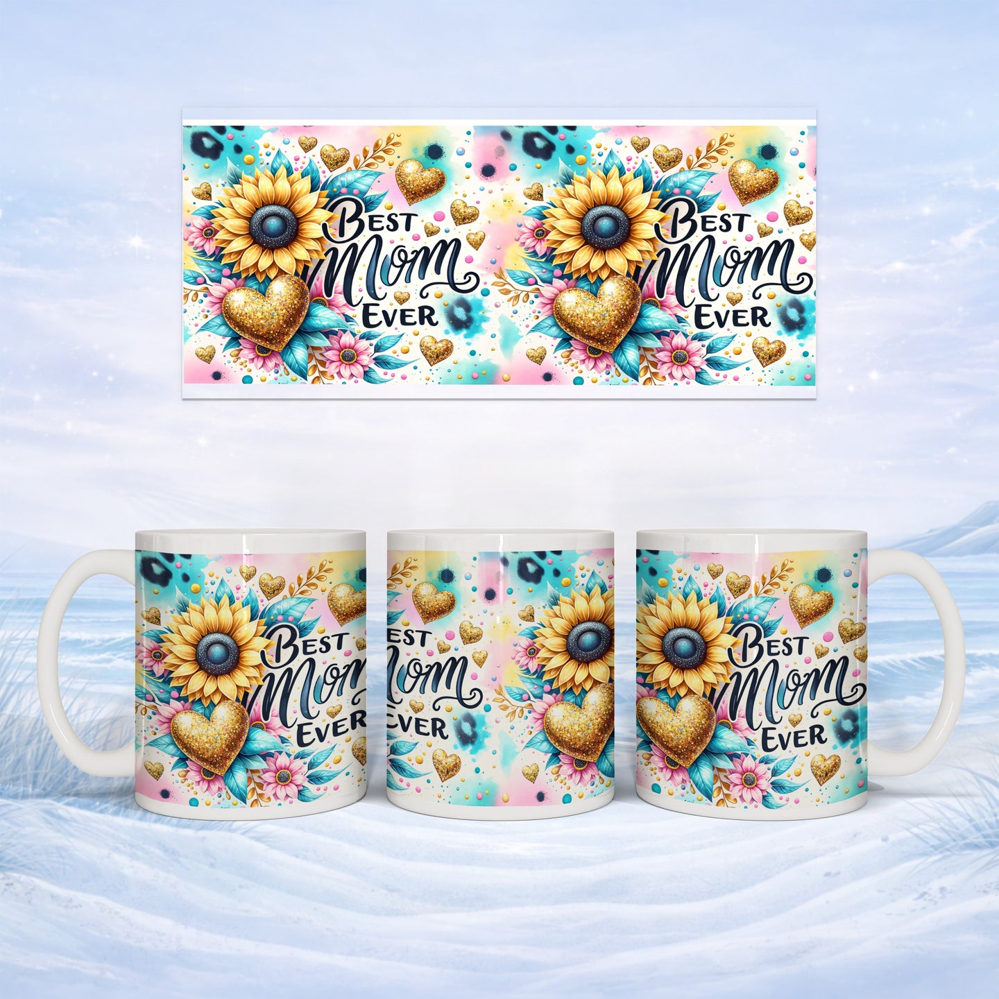 Mug with sunflowers, hearts, and "Best Mom Ever" text.