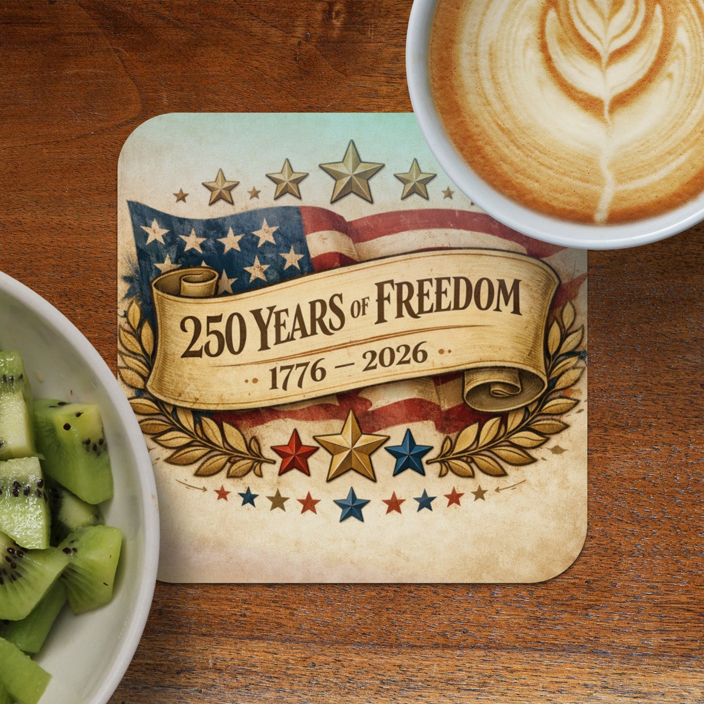 Coaster with "250 Years of Freedom 1776-2026" text and US flag design.