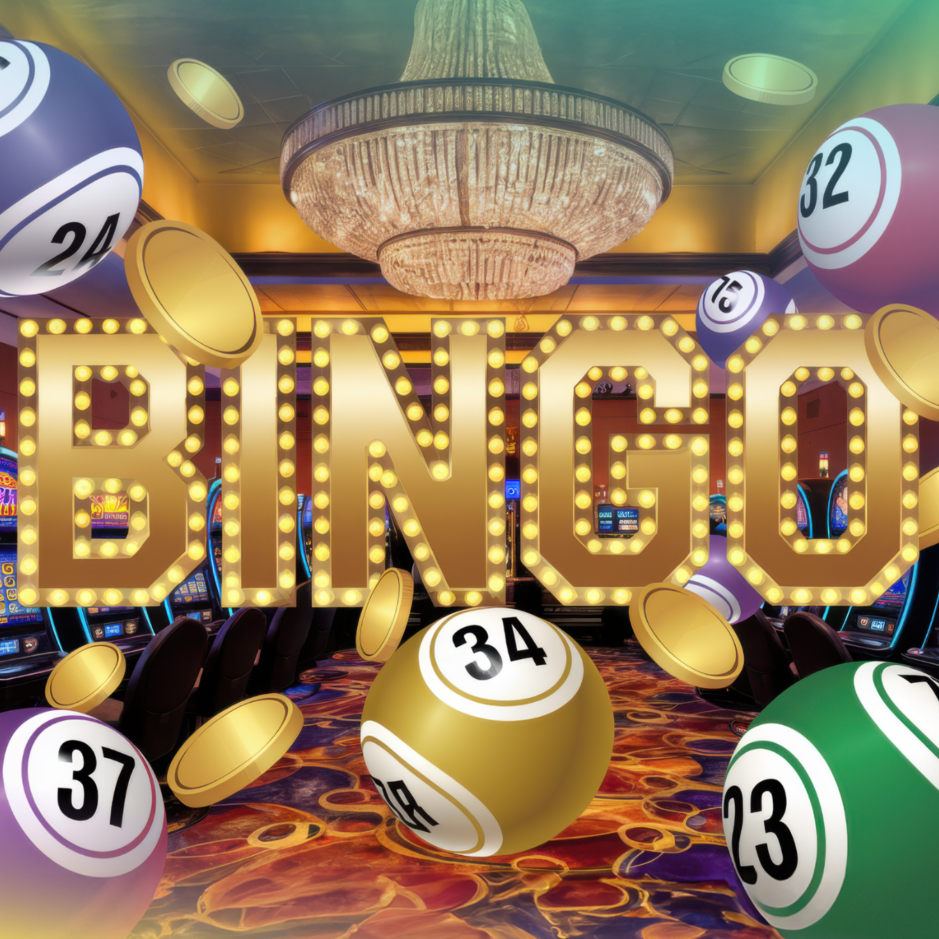 Golden "BINGO" sign with bingo balls and slot machines.