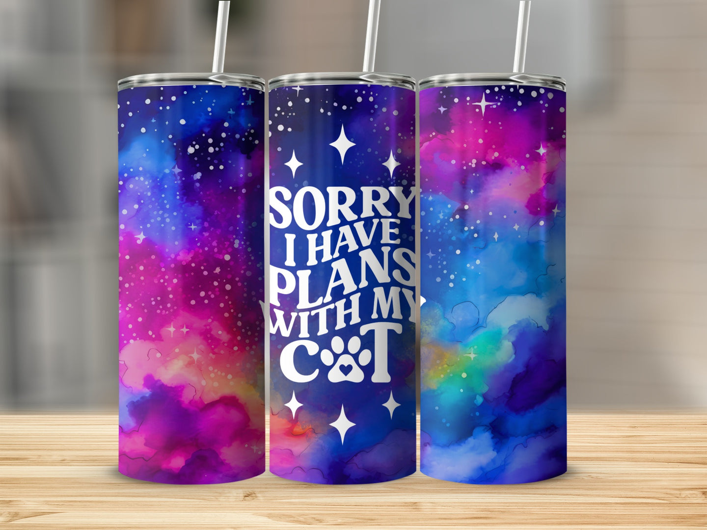 Tumbler with galaxy background and text "Sorry I Have Plans With My Cat".