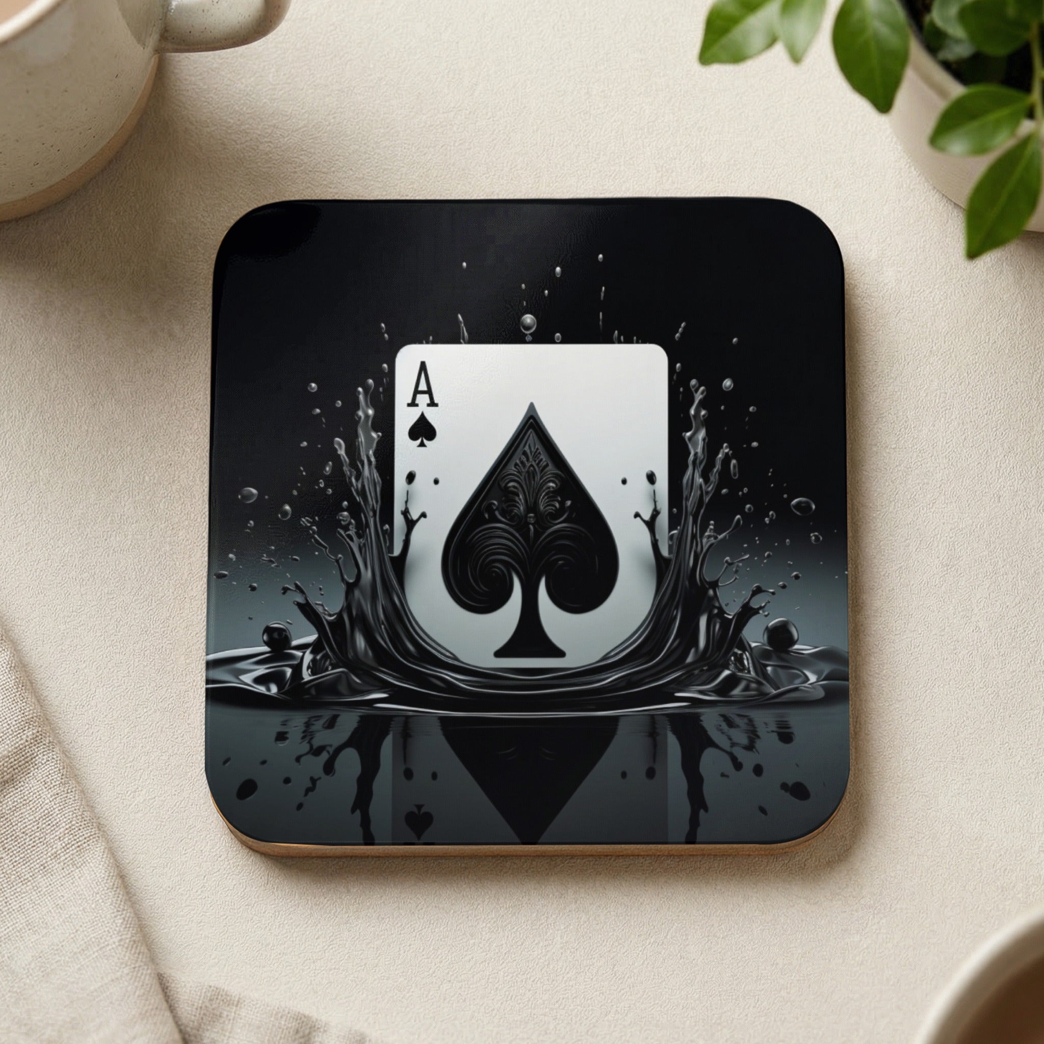 Ace of spades card design on a black liquid splash coaster.